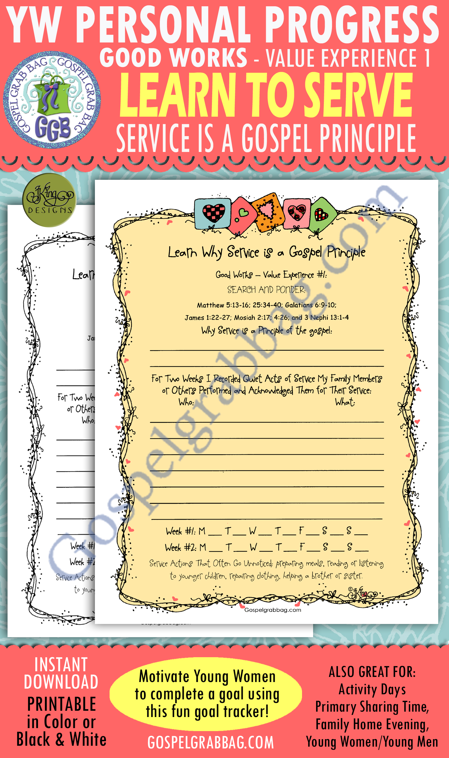 SERVICE: Good Works Goal 1 Personal Progress Planner "Learn Why Service is a Gospel Principle" $1.75 SERVICE: Good Works Goal 1 Personal Progress Planner "Learn Why Service is a Gospel Principle"