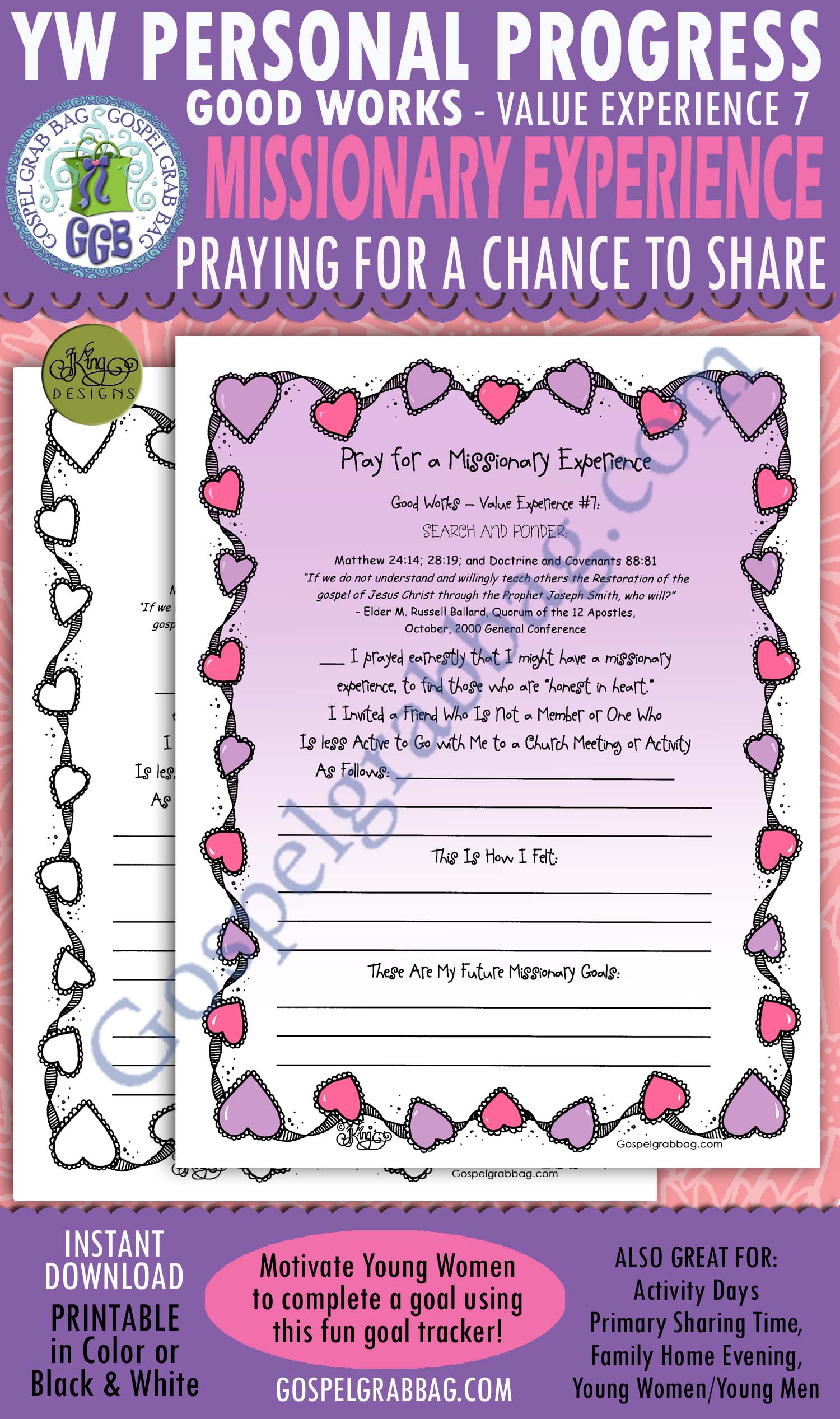 MISSIONARY WORK: Good Works Goal 7 Personal Progress Planner "Pray for a Missionary Experience" $1.75 MISSIONARY WORK: Good Works Goal 7 Personal Progress Planner "Pray for a Missionary Experience"