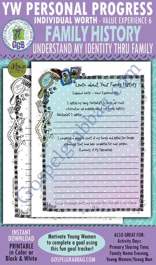$1.75 INDIVIDUAL WORTH Personal Progress - Value Experience 6 "Learning about Worth Through Family History" planner/journal