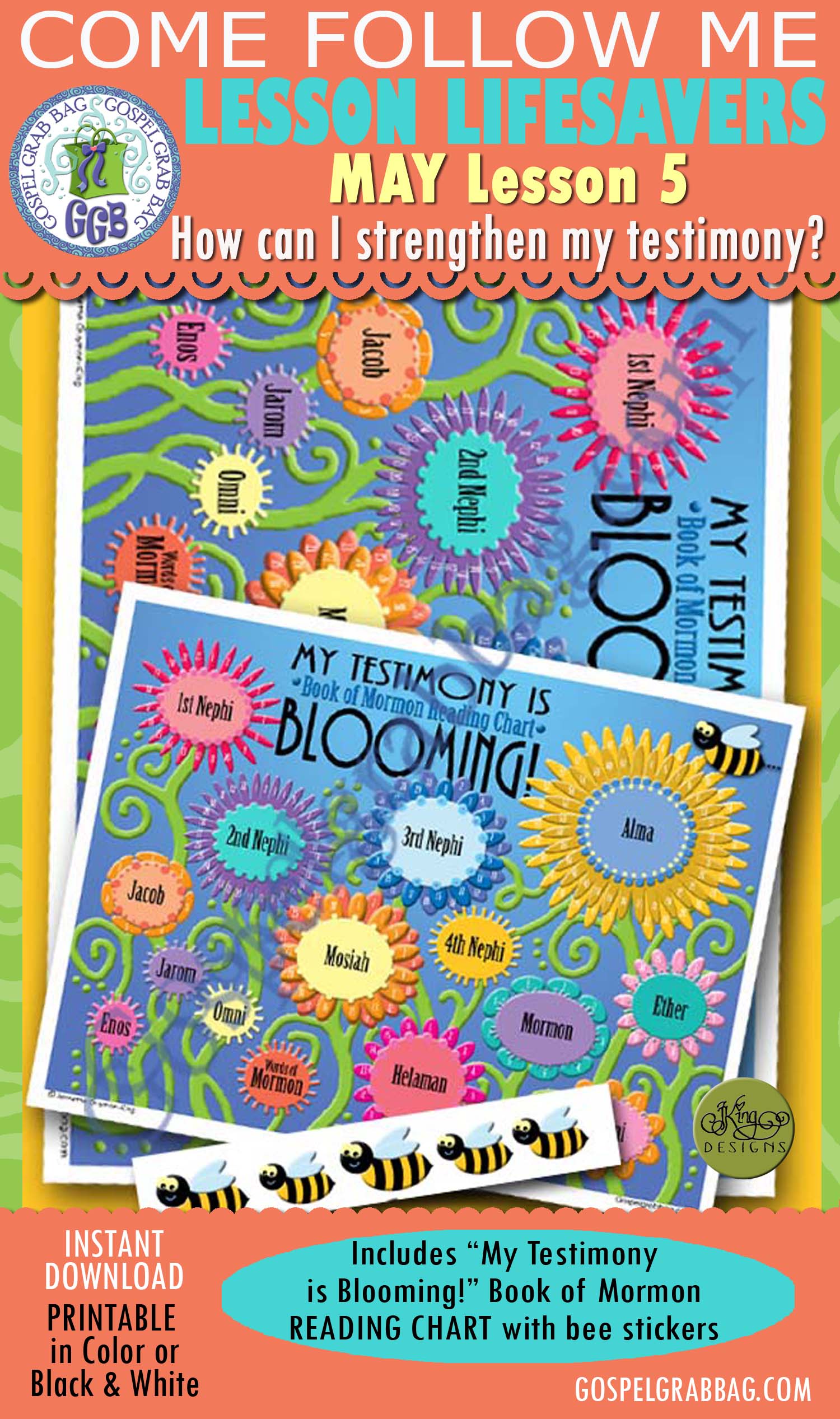$3.00 SCRIPTURE STUDY: My Testimony Is Blooming! Book of Mormon Reading Chart with bee glue-on-stickers