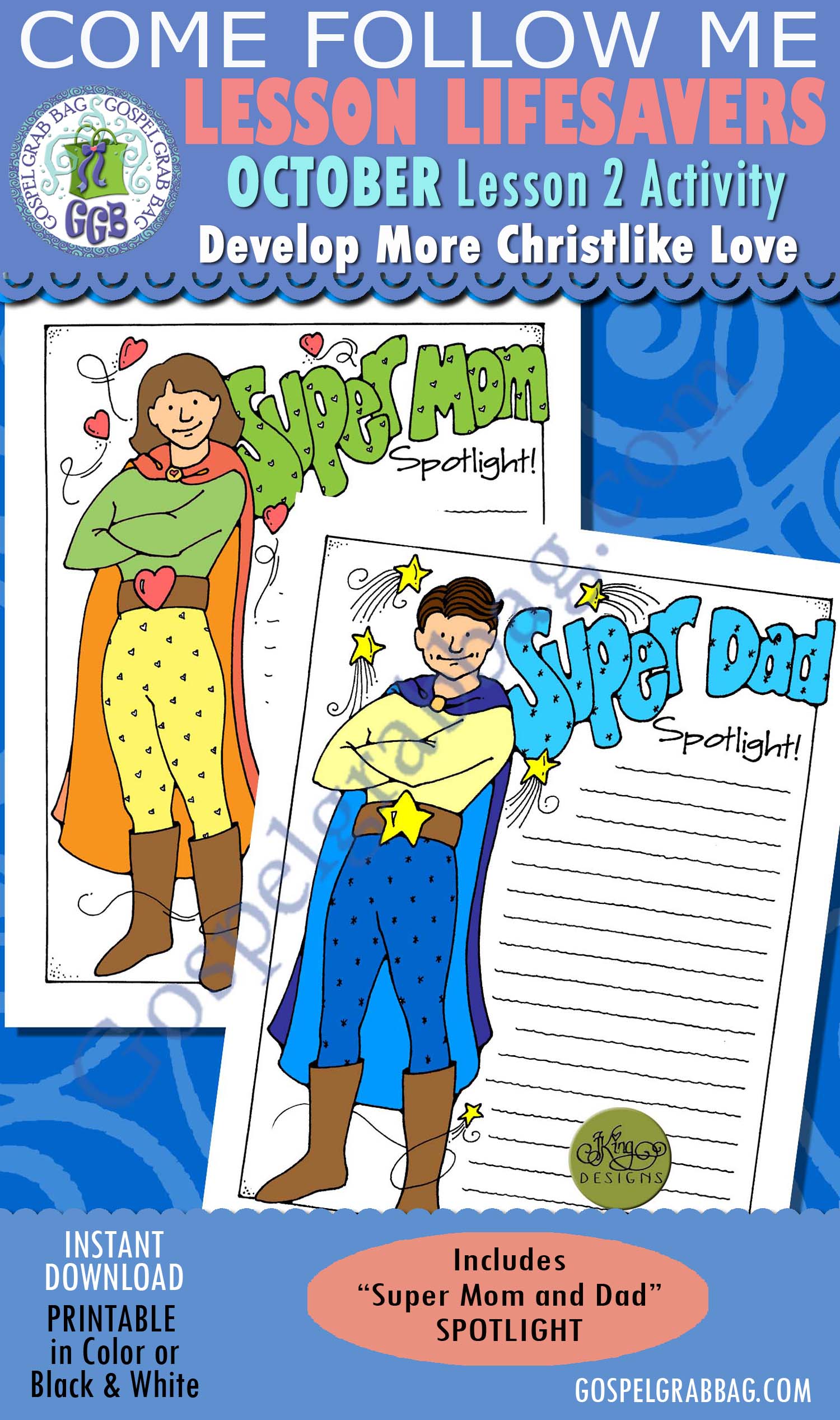 FAMILY LOVE & SERVICE Activity: Super Mom and Dad Spotlight $1.75 OCTOBER Lesson 2 Come Follow Me "Super Dad and Mom Spotlight"