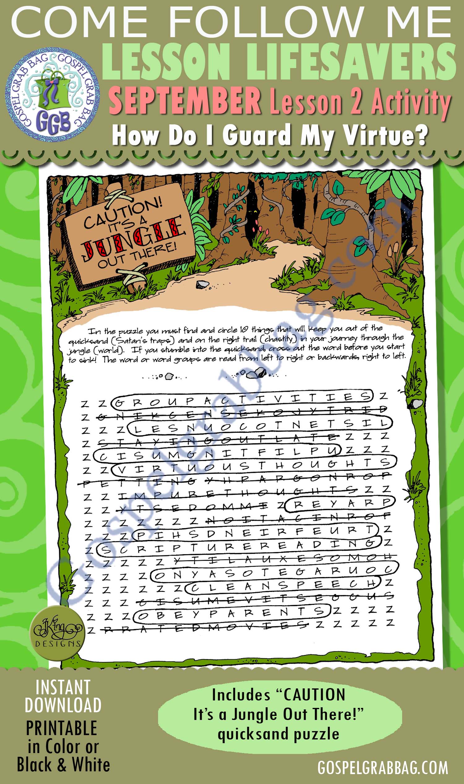 VIRTUE -CHASTITY: Activity: Caution! It's a Jungle Out There! quicksand word find puzzle $1.75 September Lesson 2 Come Follow Me "How do I guard my virtue?" Activity: CAUTION! It's a Jungle Out There! quicksand word find puzzle