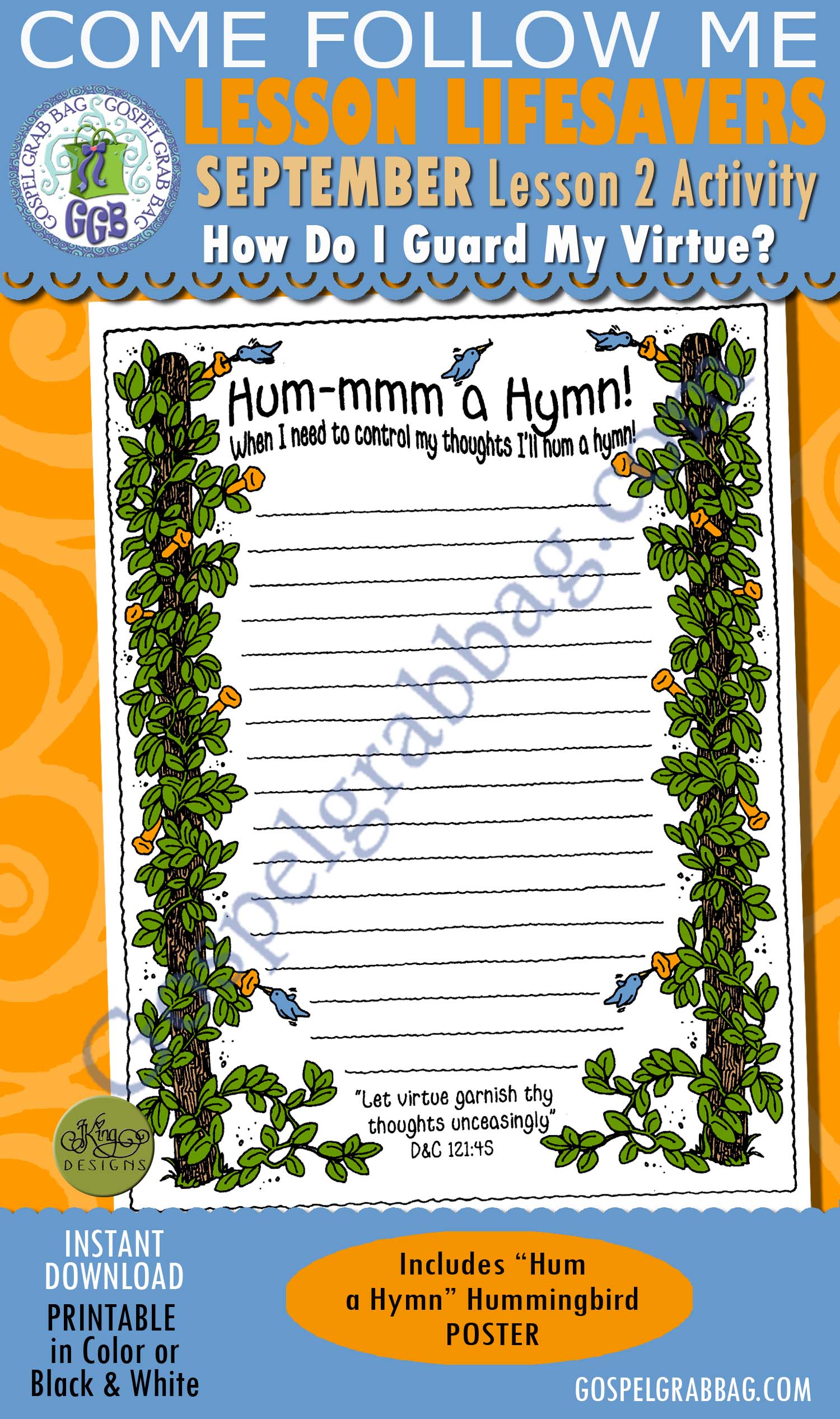 VIRTUE - Clean Thoughts ACTIVITY: Hum a Hymn Hummingbird poster $1.75 September Lesson 2 "How do I guard my virtue?" ACTIVITY: Hum a Hymn Hummingbird poster