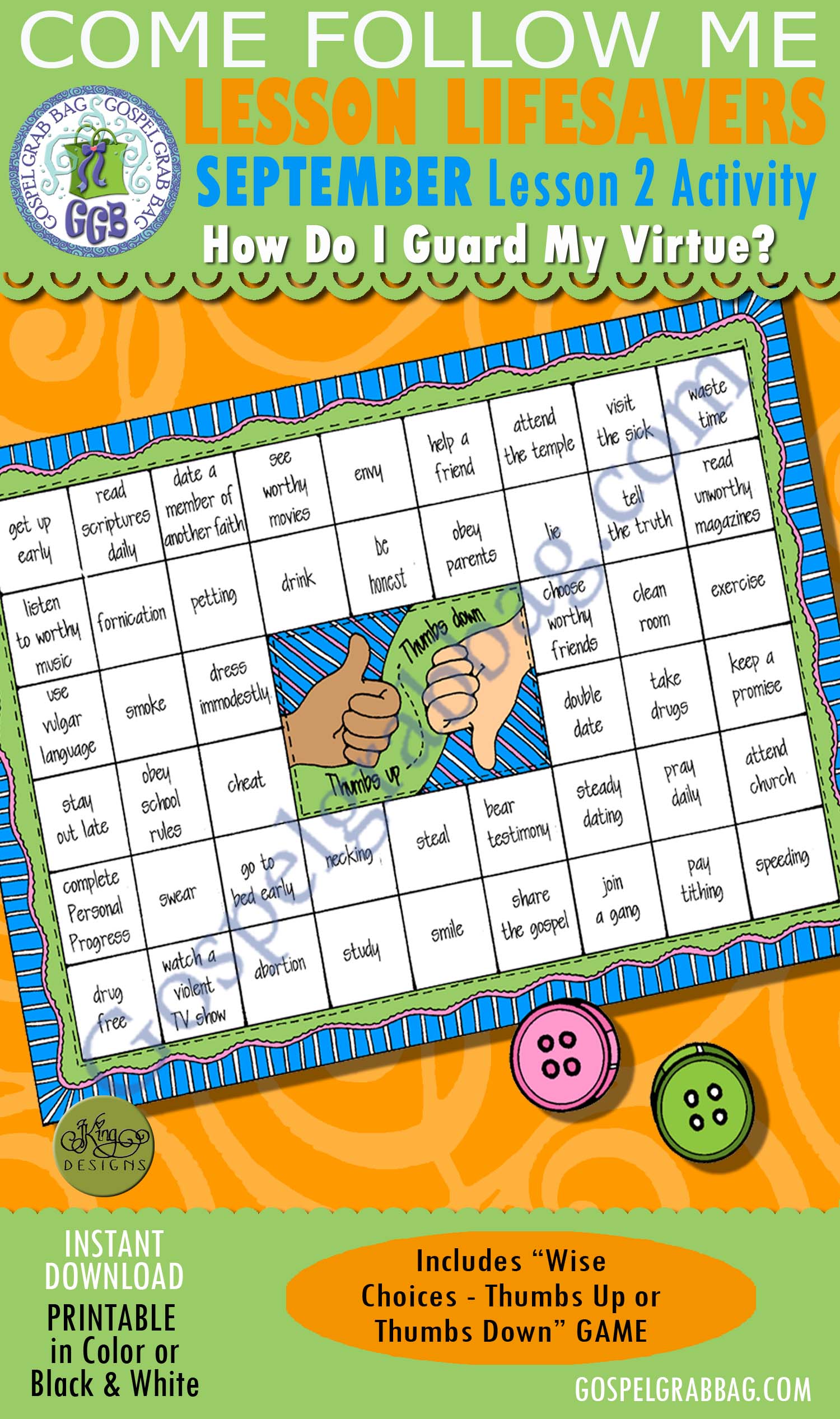 VIRTUE - CHOICES - CHOOSE THE RIGHT: Activity: Wis Choices - Thumbs or Thumbs Down choices game $1.75 September Lesson 2 Come Follow Me "How do I guard my virtue?" Activity: Wise Choices: Thumbs Up or Thumbs Down GAME