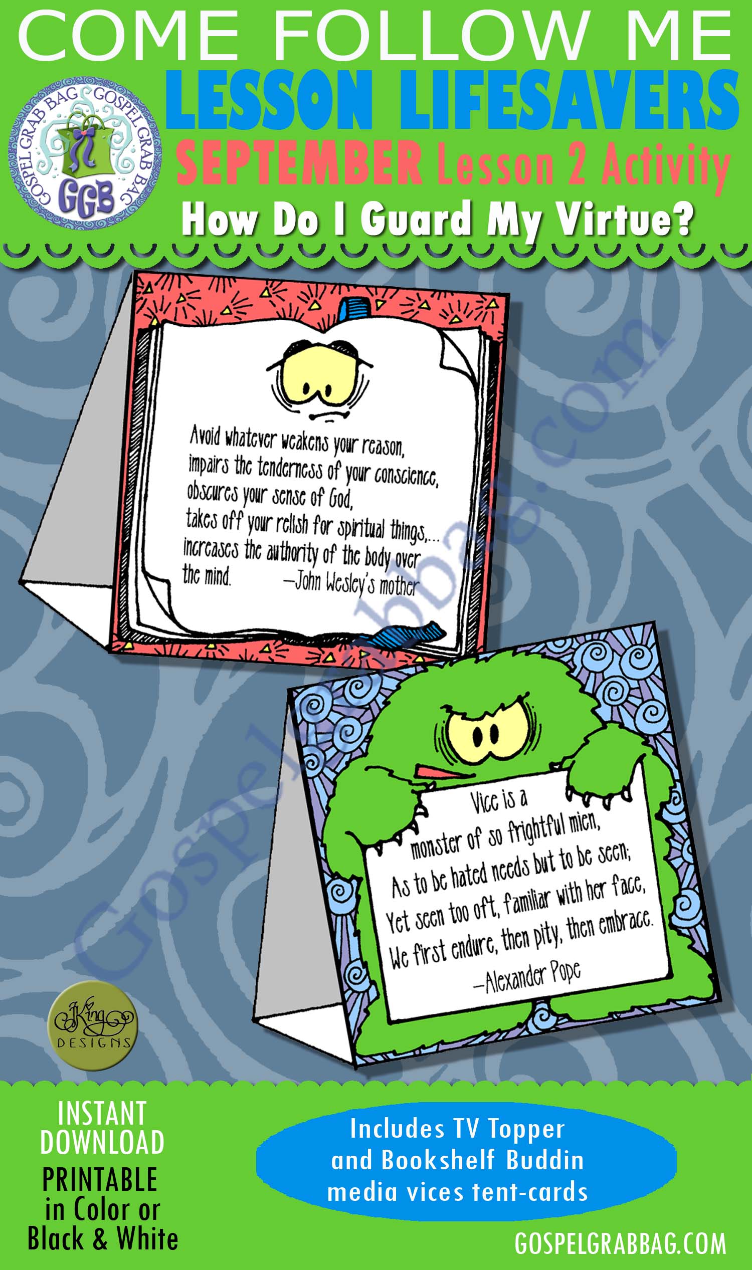 $1.75 September Lesson 2 Come Follow Me "How can I guard my virtue?" ACTIVITY: TV Topper and Bookshelf Buddy tent-cards
