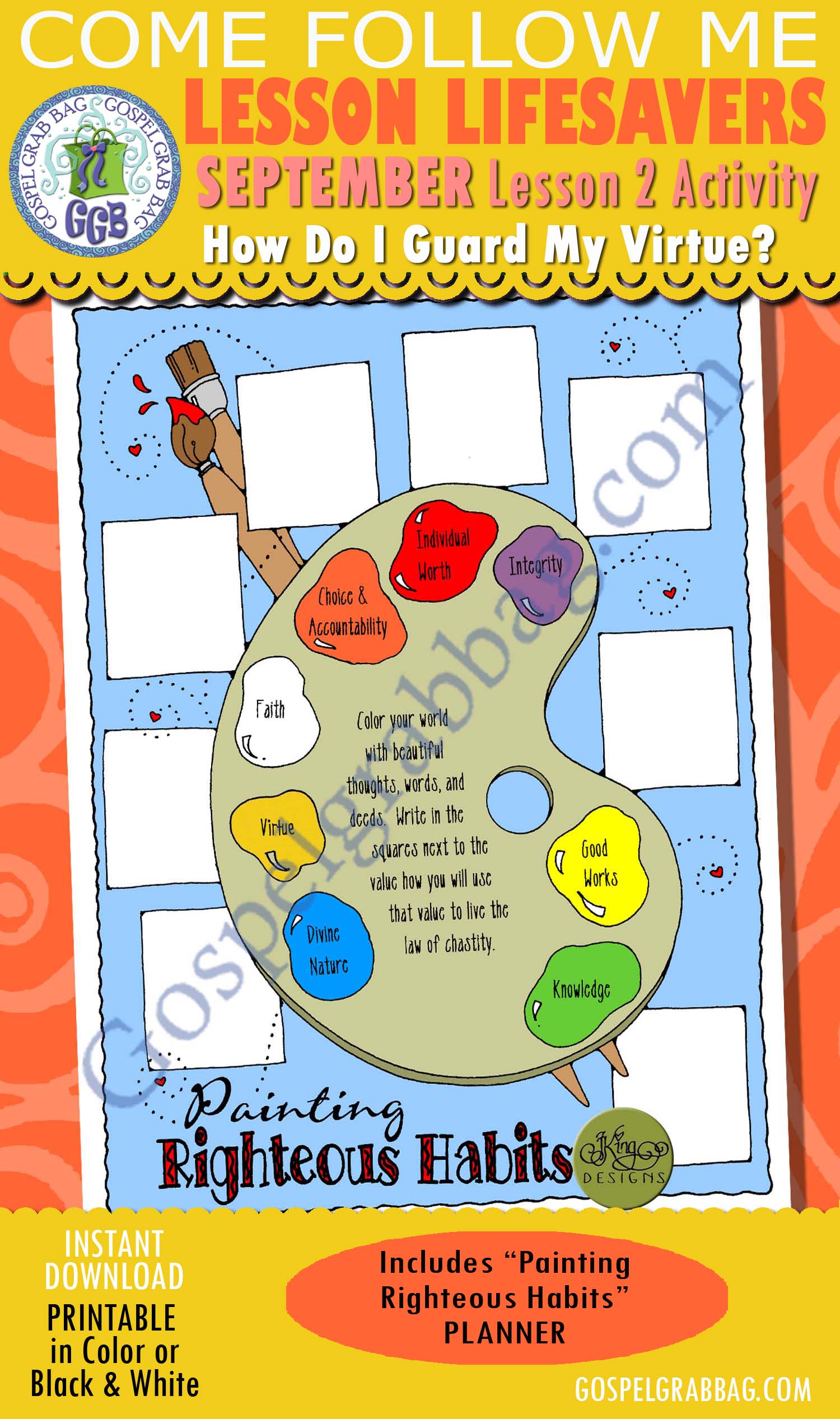 VIRTUE Activity: Painting Righteous Habits planner $1.75 September Lesson 2 Come Follow Me "How do I guard my virtue?" Activity: Painting Righteous Habits planner
