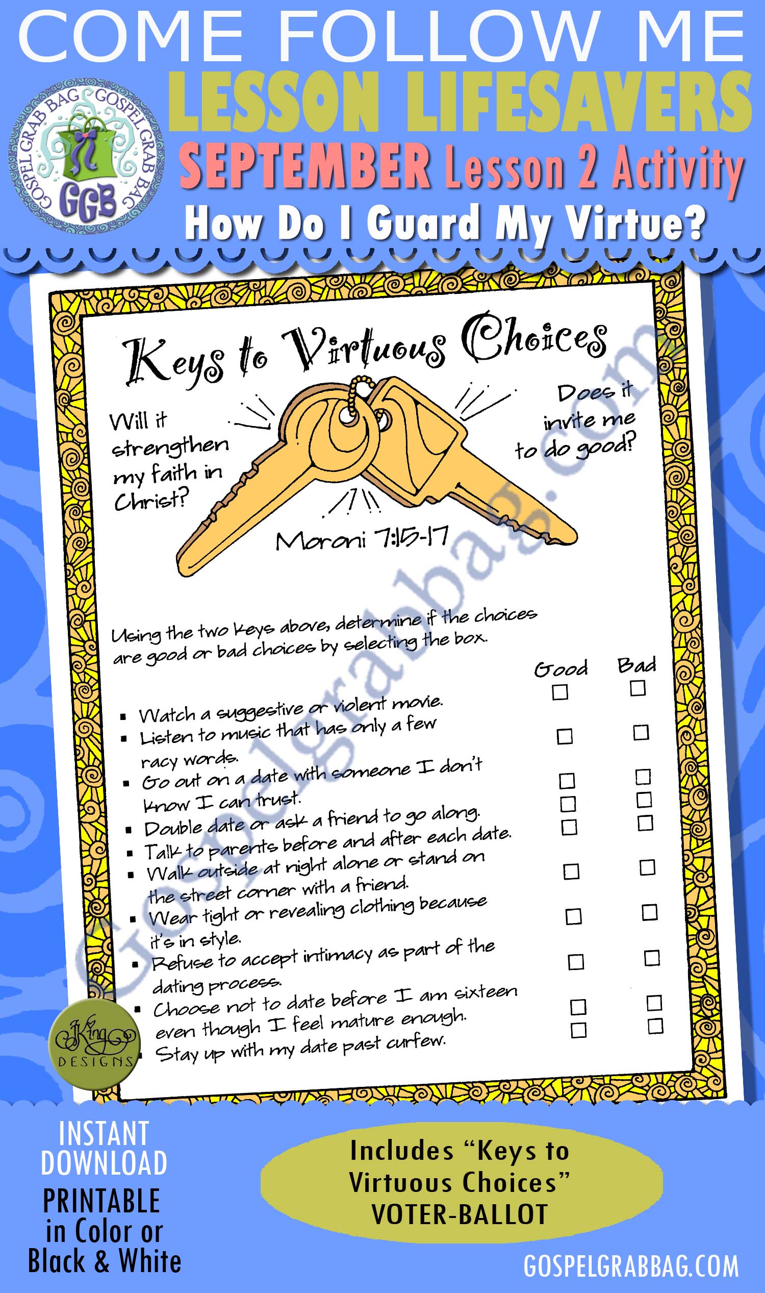 VIRTUE Activity: Keys to Virtuous Choices voter-ballot $1.75 September Lesson 2 Come Follow Me "How do I guard my virtue?" Activity: Keys to Virtuous Choices voter-ballot