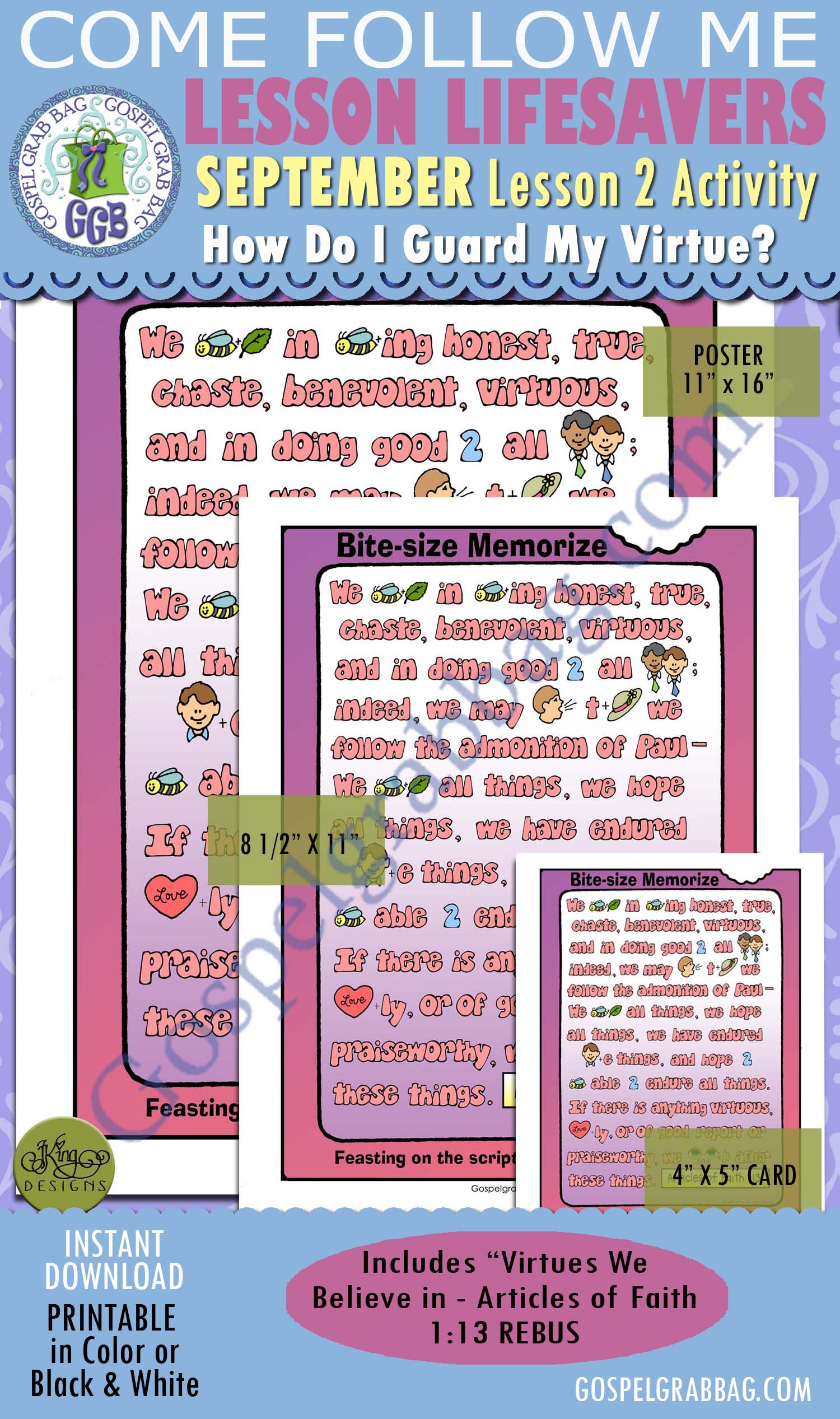 $2.00 September Lesson 2 "How do I guard my virtue?" SCRIPTURE POSTERS/CARDS: 13th Article of Faith - Articles of Faith 1:13
