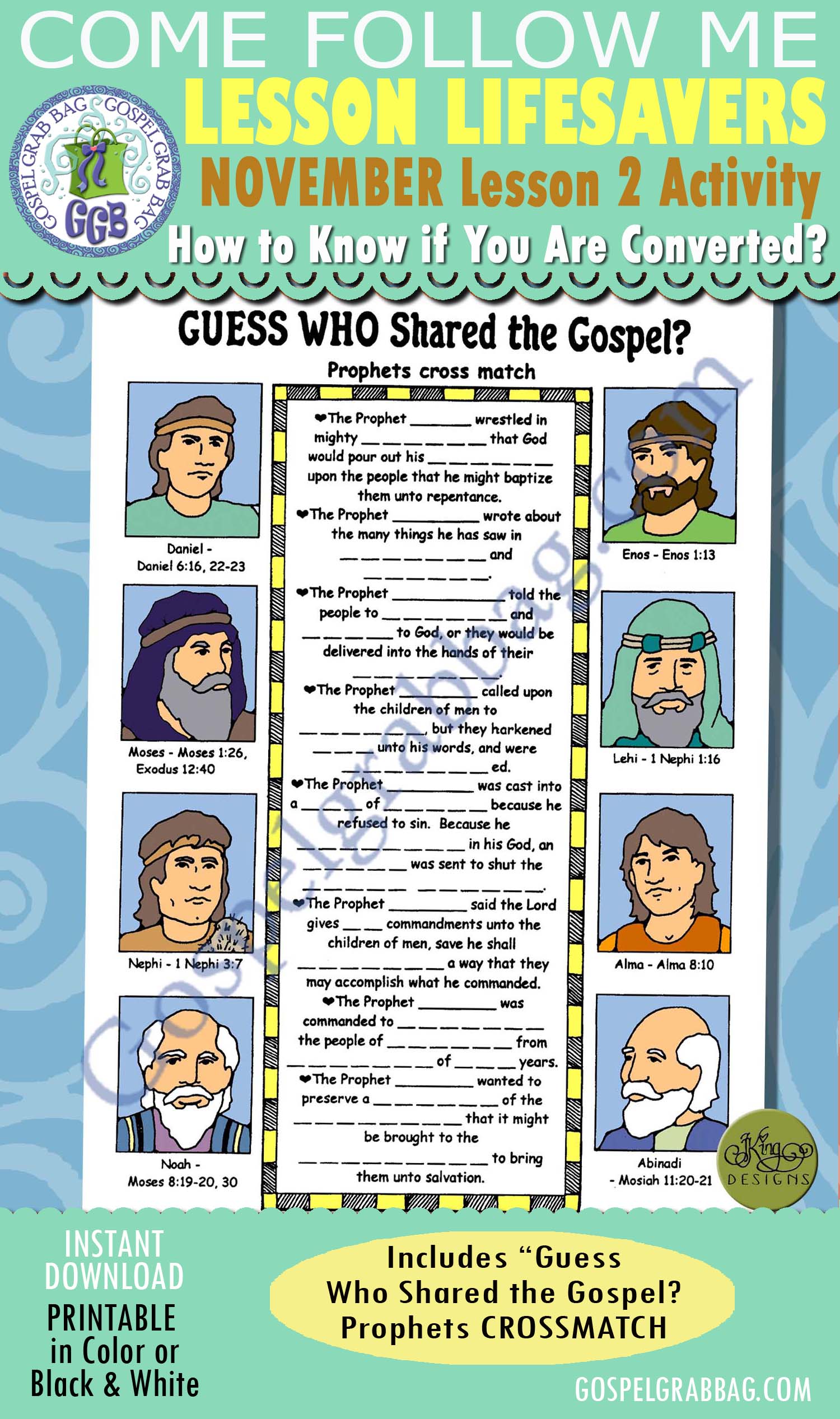 TESTIMONY OF JESUS Activity: Guess Who Shared the Gospel? Book of Mormon Prophets' CROSSMATCH $1.75 November Lesson 2 Come Follow Me "How do I know if I am becoming converted?"
