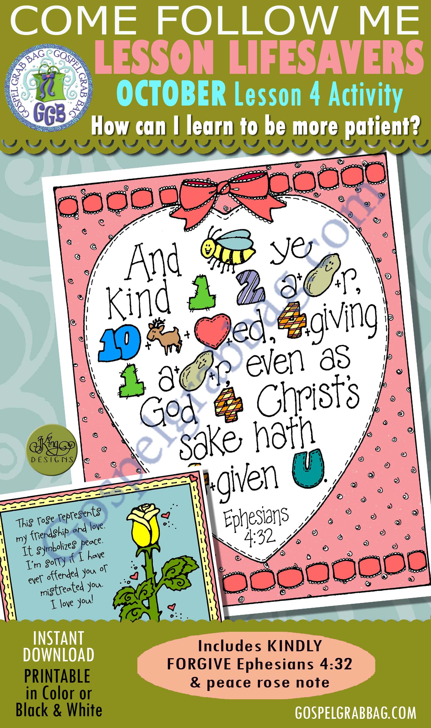Kindly Forgive: Ephesians 4:32 memorize rebus poster and peace-rose card