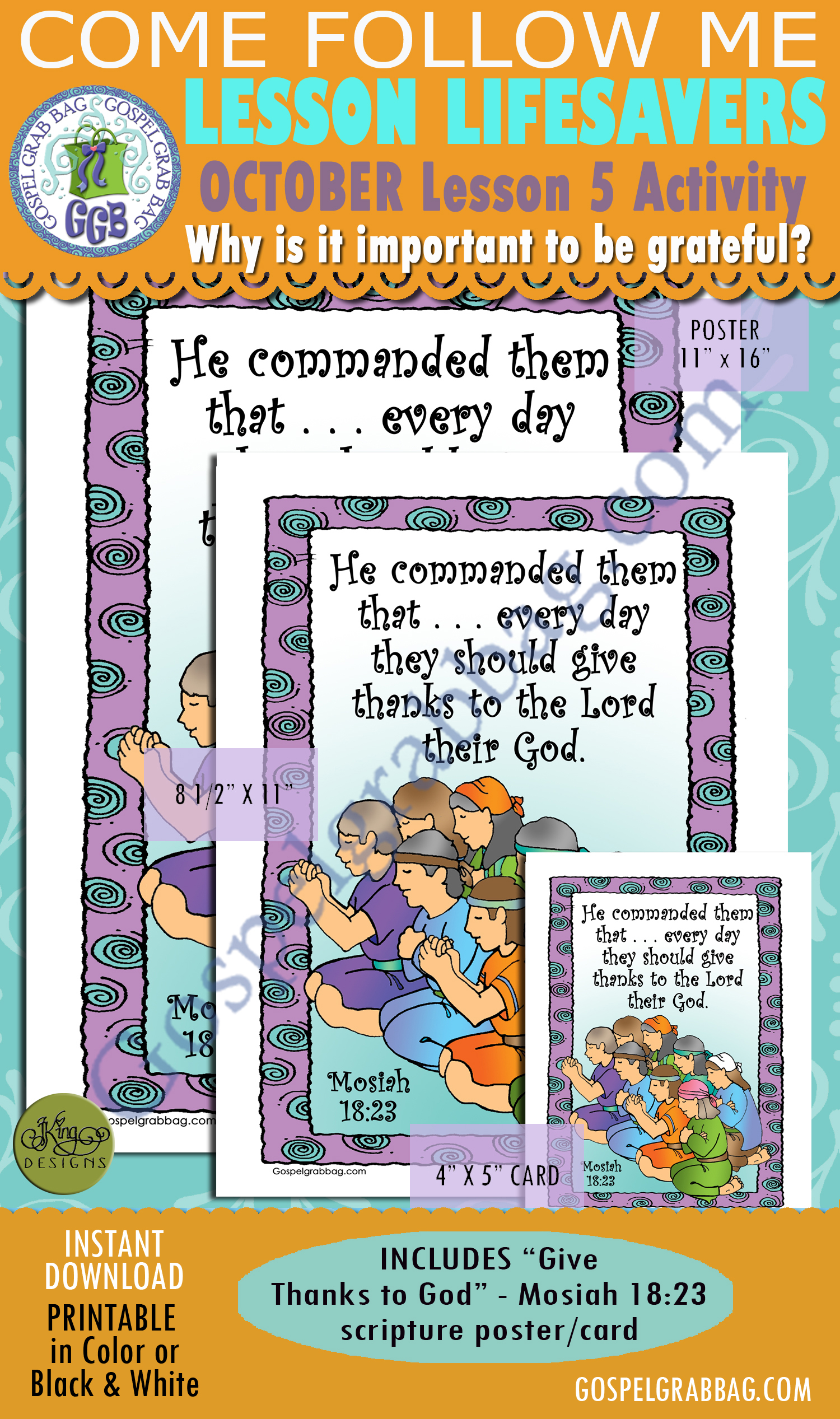 $2.00 OCTOBER Lesson 5 Come Follow Me, "Why is it important to be grateful? LESSON LIFESAVER Activity: Mosiah 18:23 scripture poster