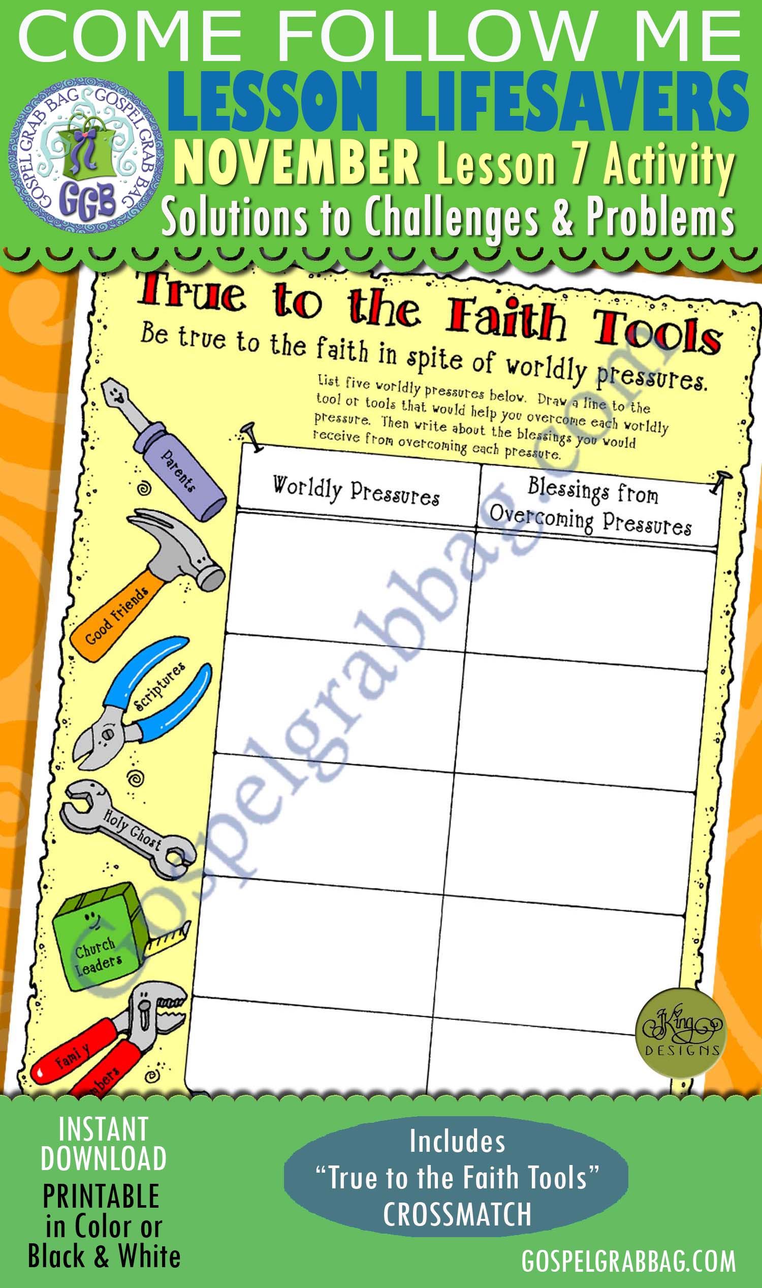 STANDARDS Activity: "True to the Faith Tools" CROSSMATCH $1.75 November Lesson 7 Come Follow Me "How can I find solutions to my challenges and problems?" Sunday School, Young Women