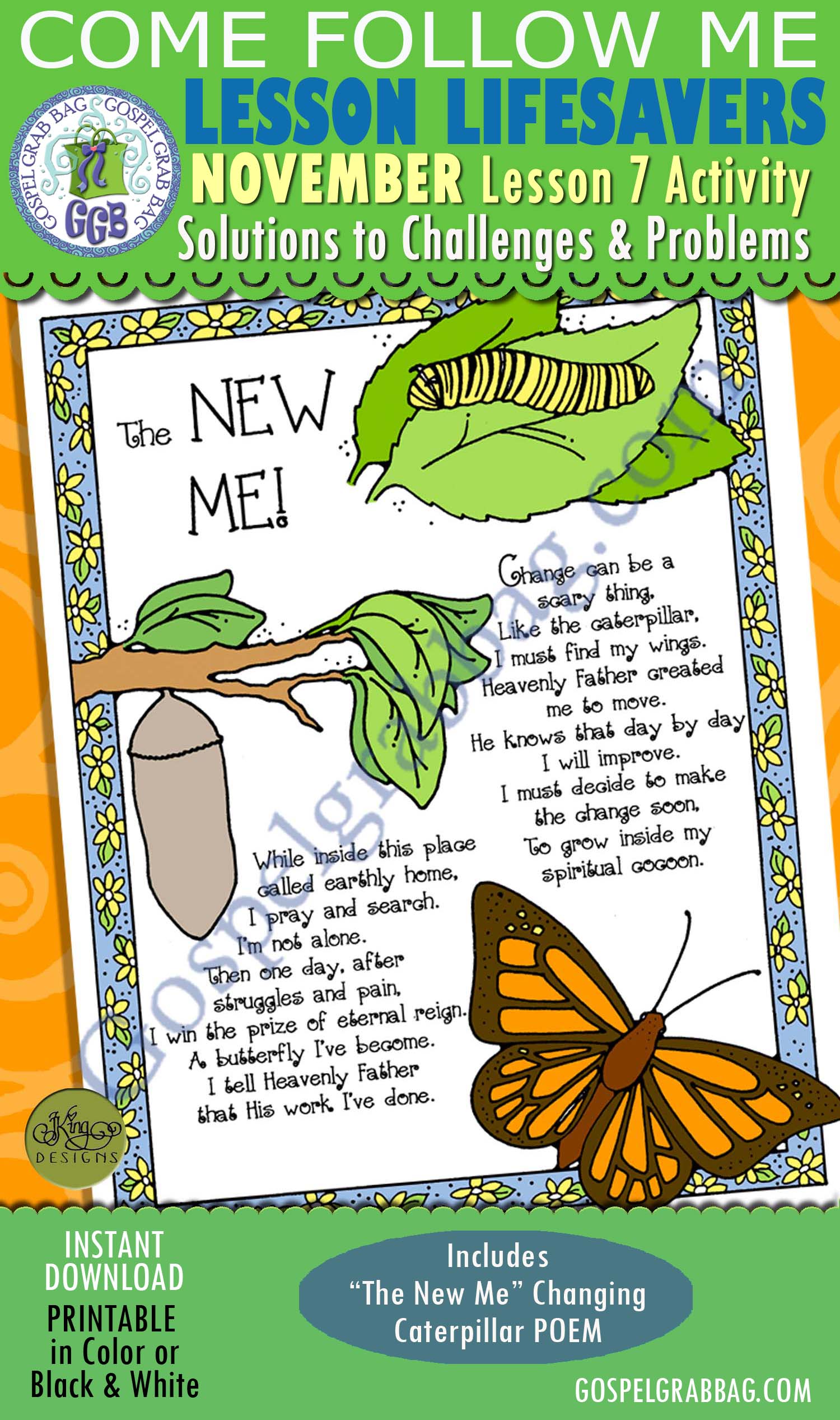 CHOICES - DECISIONS Activity "The New Me!" Changing Caterpillar poem $1.75 November Lesson 7 Come Follow Me "How can I find solutions to my challenges and problems?" Sunday School, Young Women