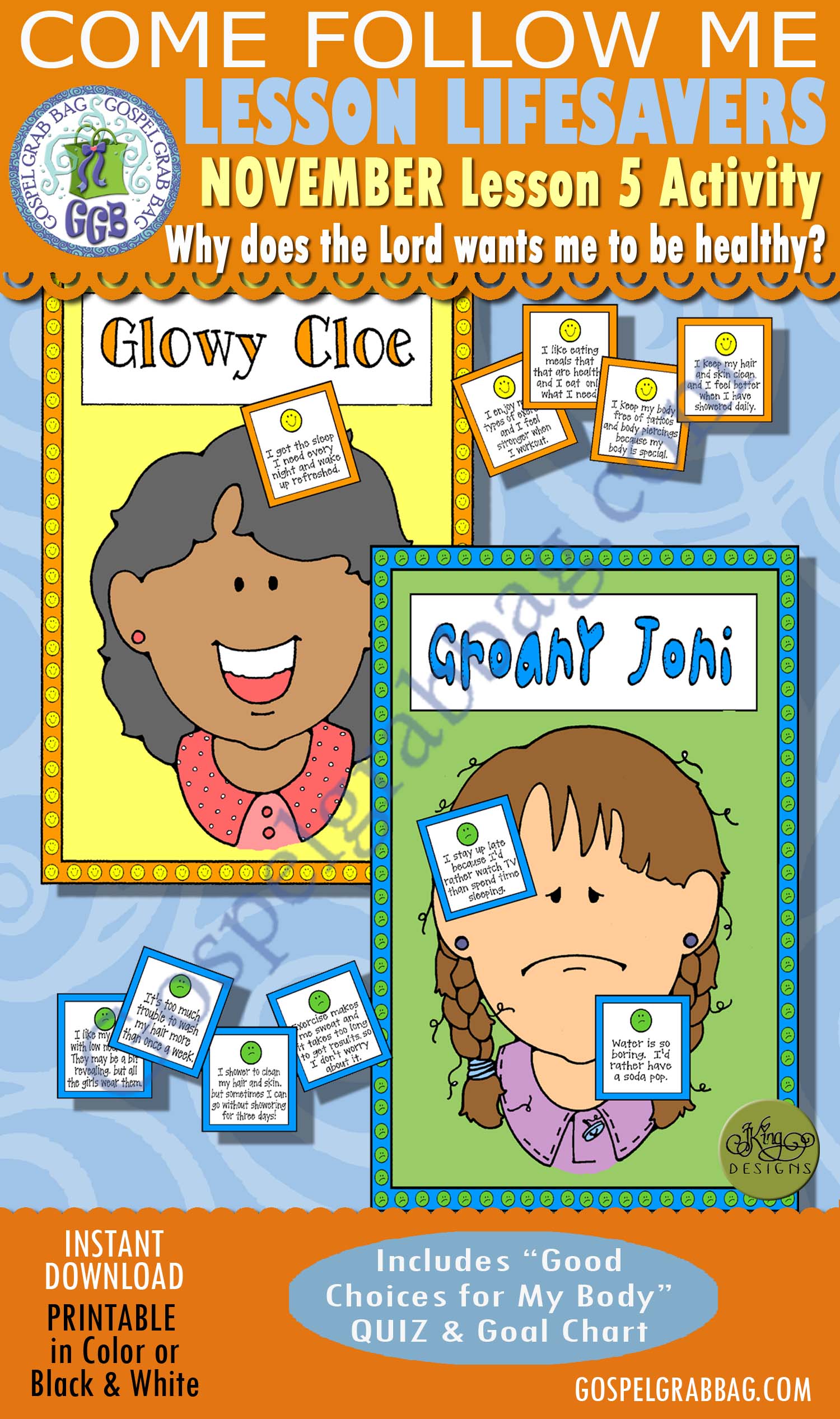 HEALTH & GROOMING Activity: Do I Groan or Glow - Pin the Choices $4.00 November Lesson 5 Come Follow Me "Why does the Lord want me to be healthy?" Young Women, Sunday School, Activity Days