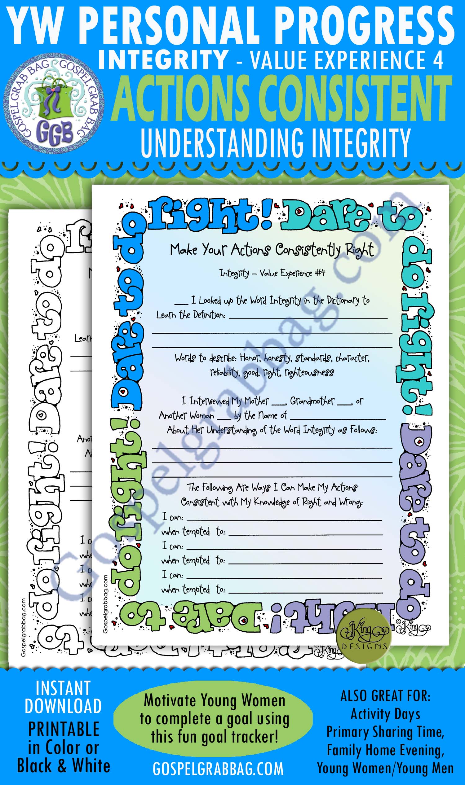 Integrity Personal Progress Planner Form Goal 4 $1.75 INTEGRITY "Make Your Actions Consistently Right" Personal Progress Goal 3 planner form