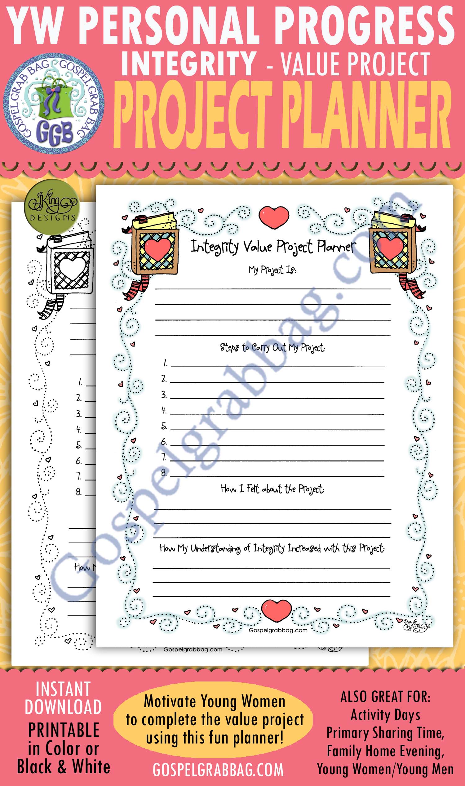 Integrity Value Project Planner $2.00 Personal Progress planner form for INTEGRITY
