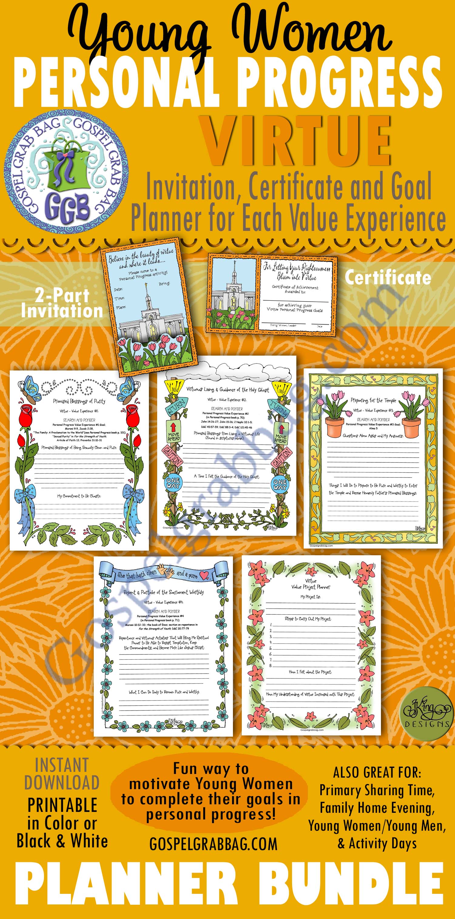 $6.00 BUNDLE VIRTUE Personal Progress planner forms and Value Night invitation and certificate