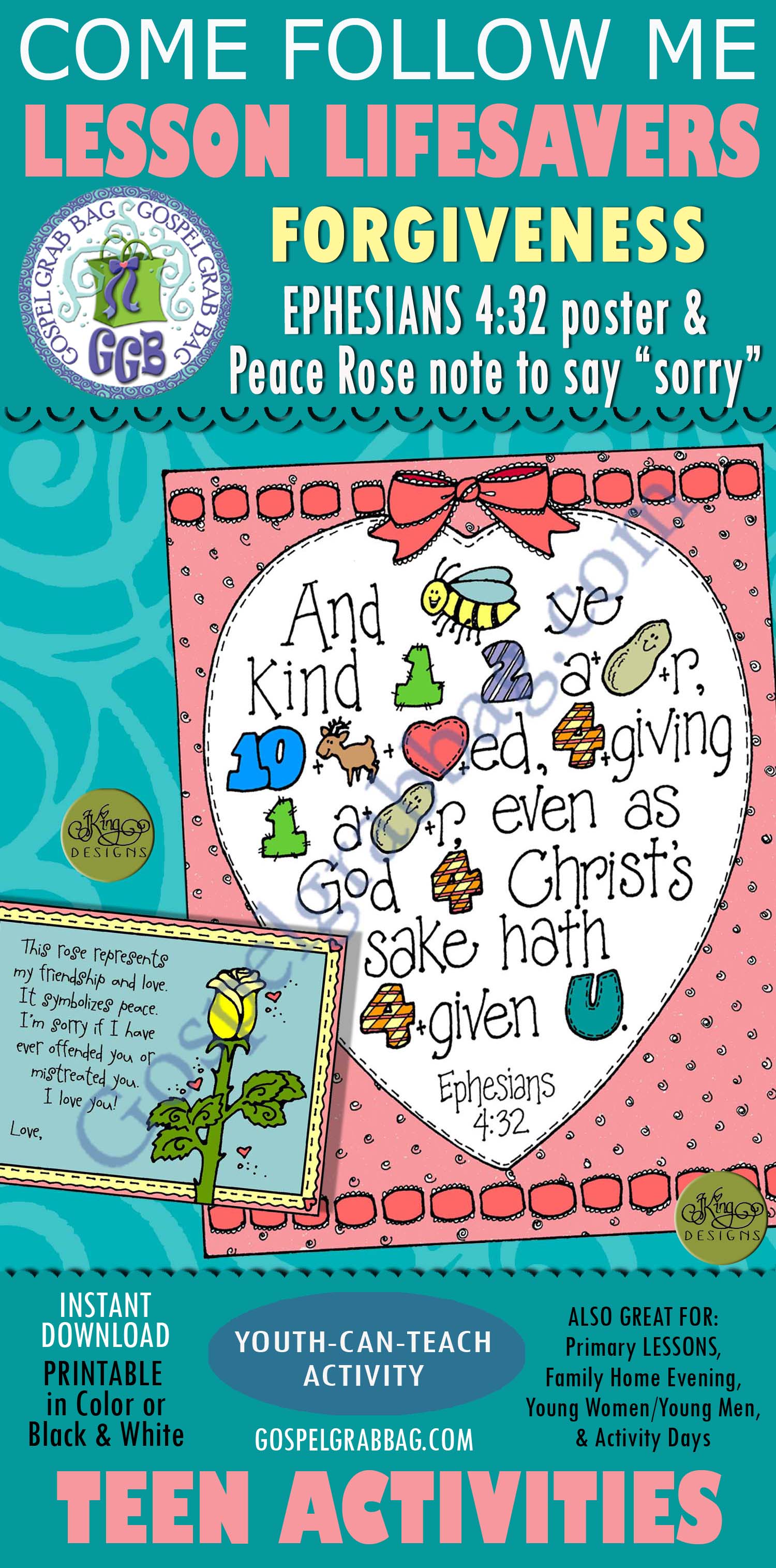 Kindly Forgive: Ephesians 4:32 memorize rebus poster and peace-rose card