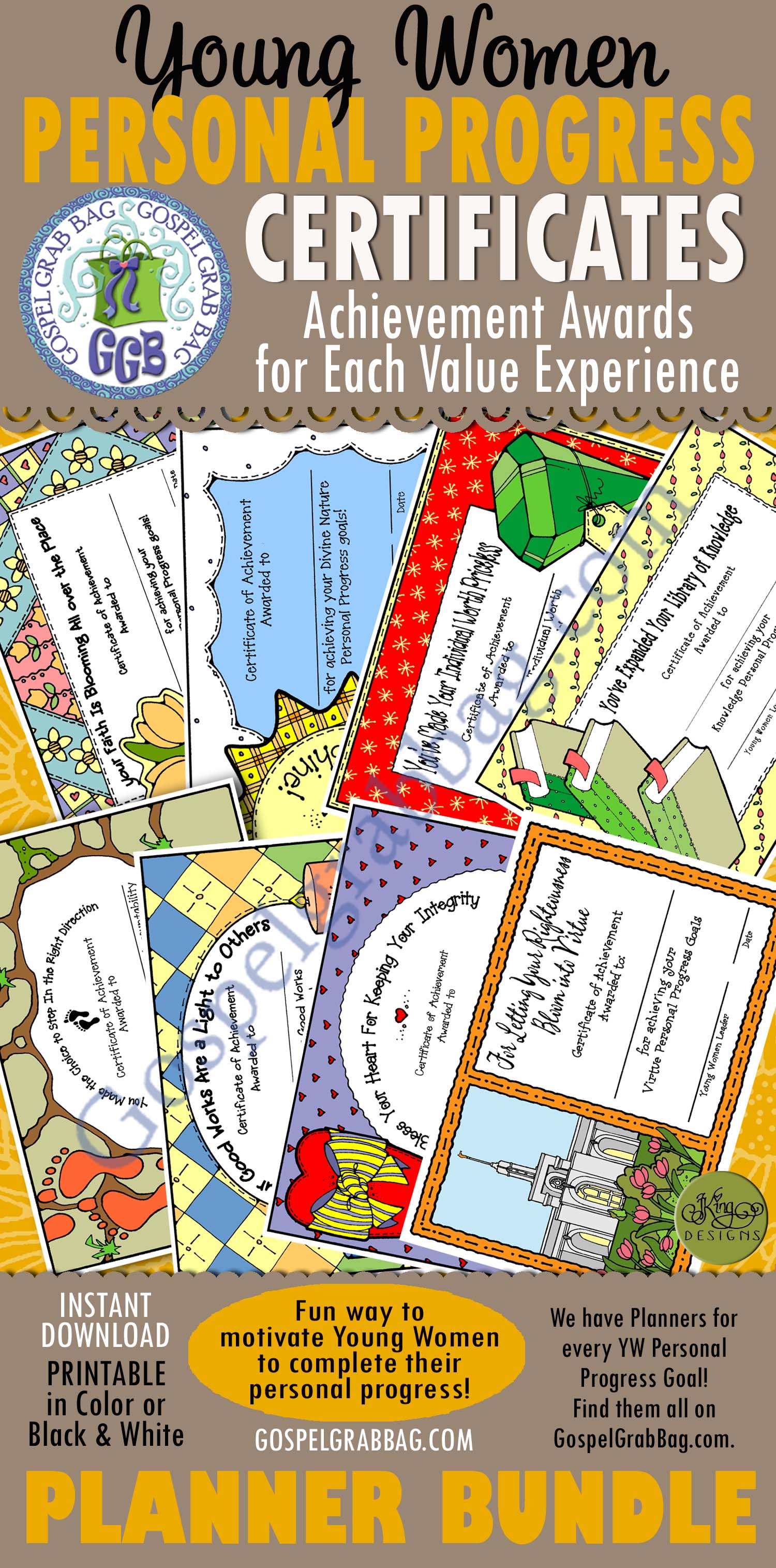 $7.50 Young Women Values Night - Award Certificates for 8 values (goal achievements)