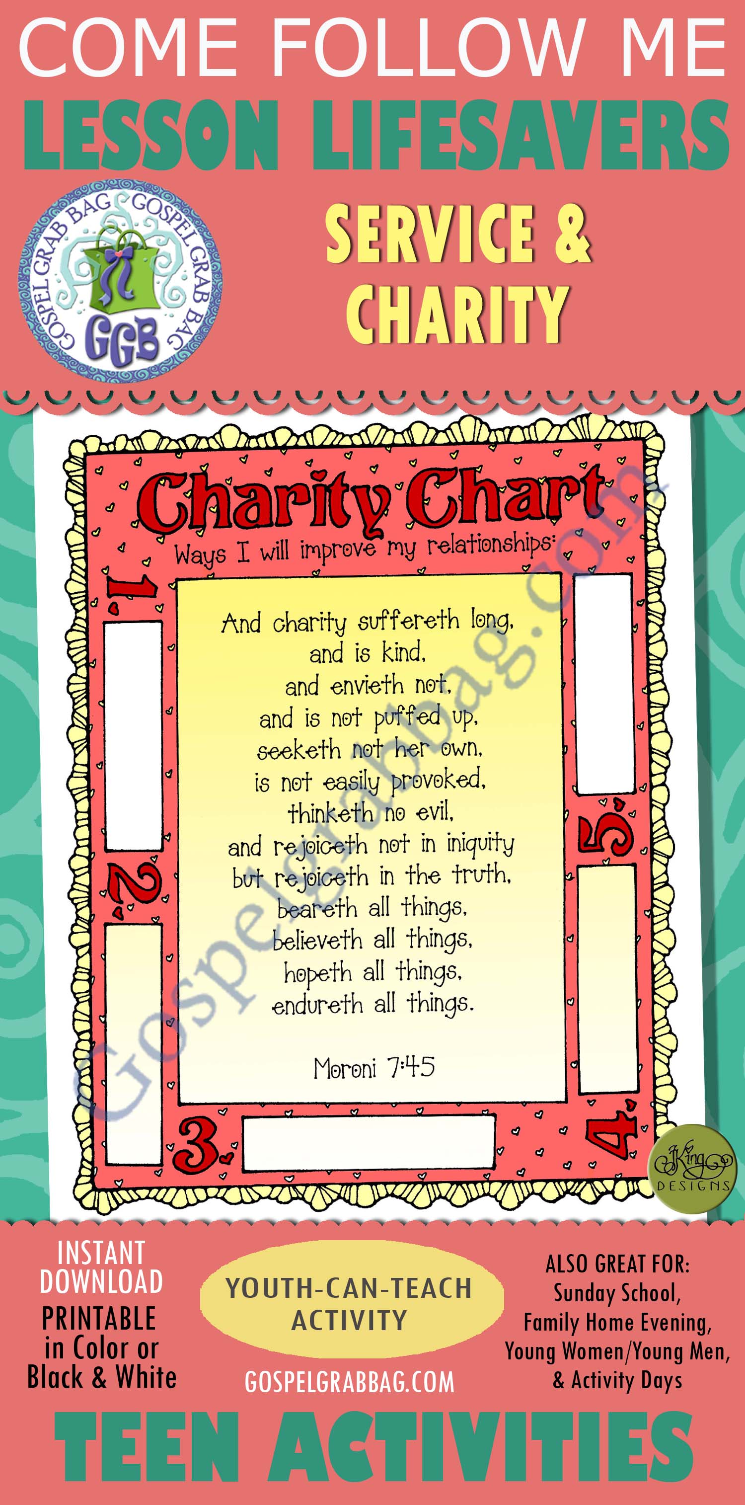 SERVICE - CHARITY ACTIVITY: CHARITY CHALLENGE CHART 3.43 $1.75 LESSON LIFESAVER ACTIVITY for Come Follow Me - Young Women & Teens