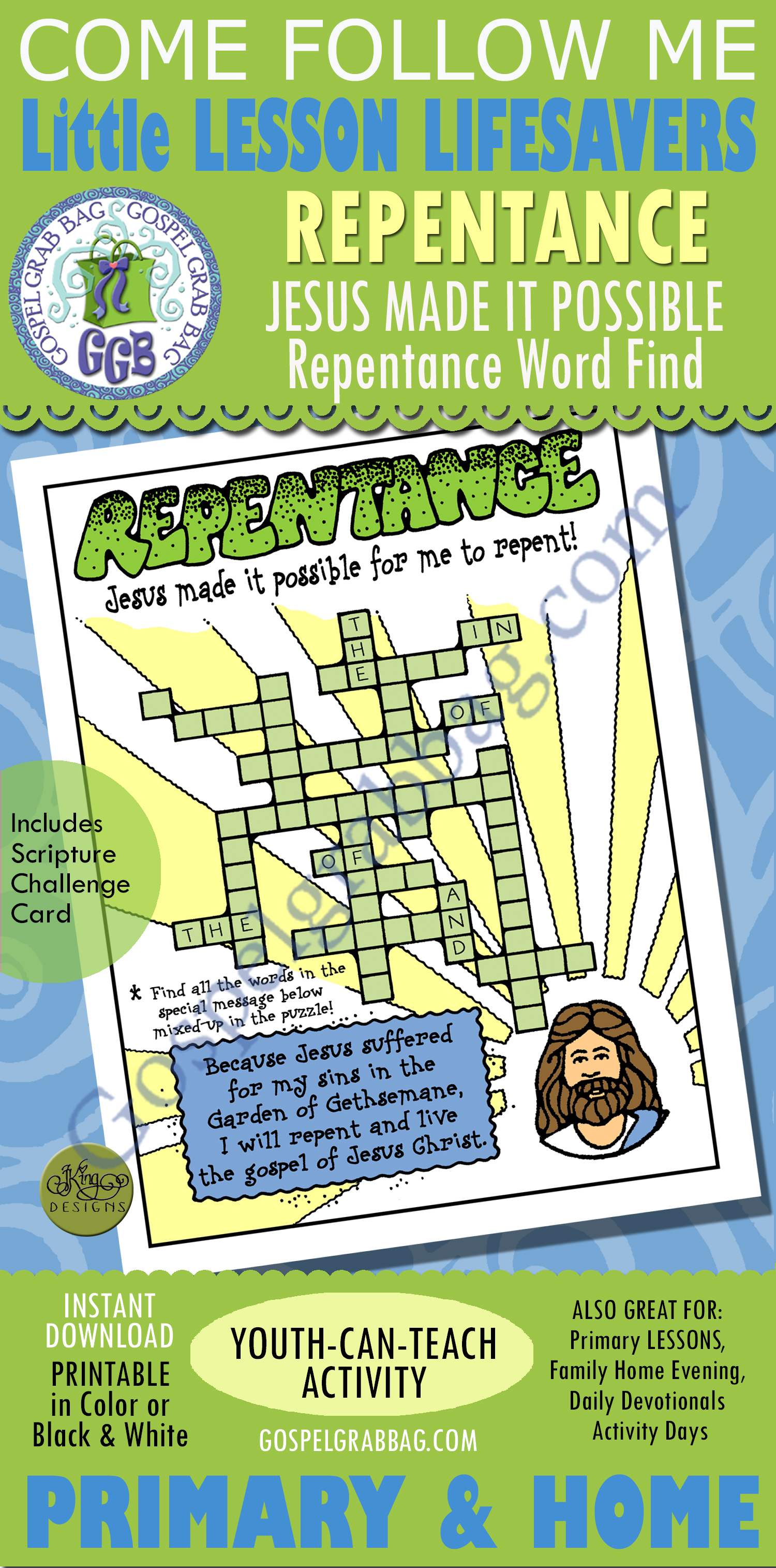 Jesus made it possible for me to repent! REPENTANCE Word-find Crossword Puzzle