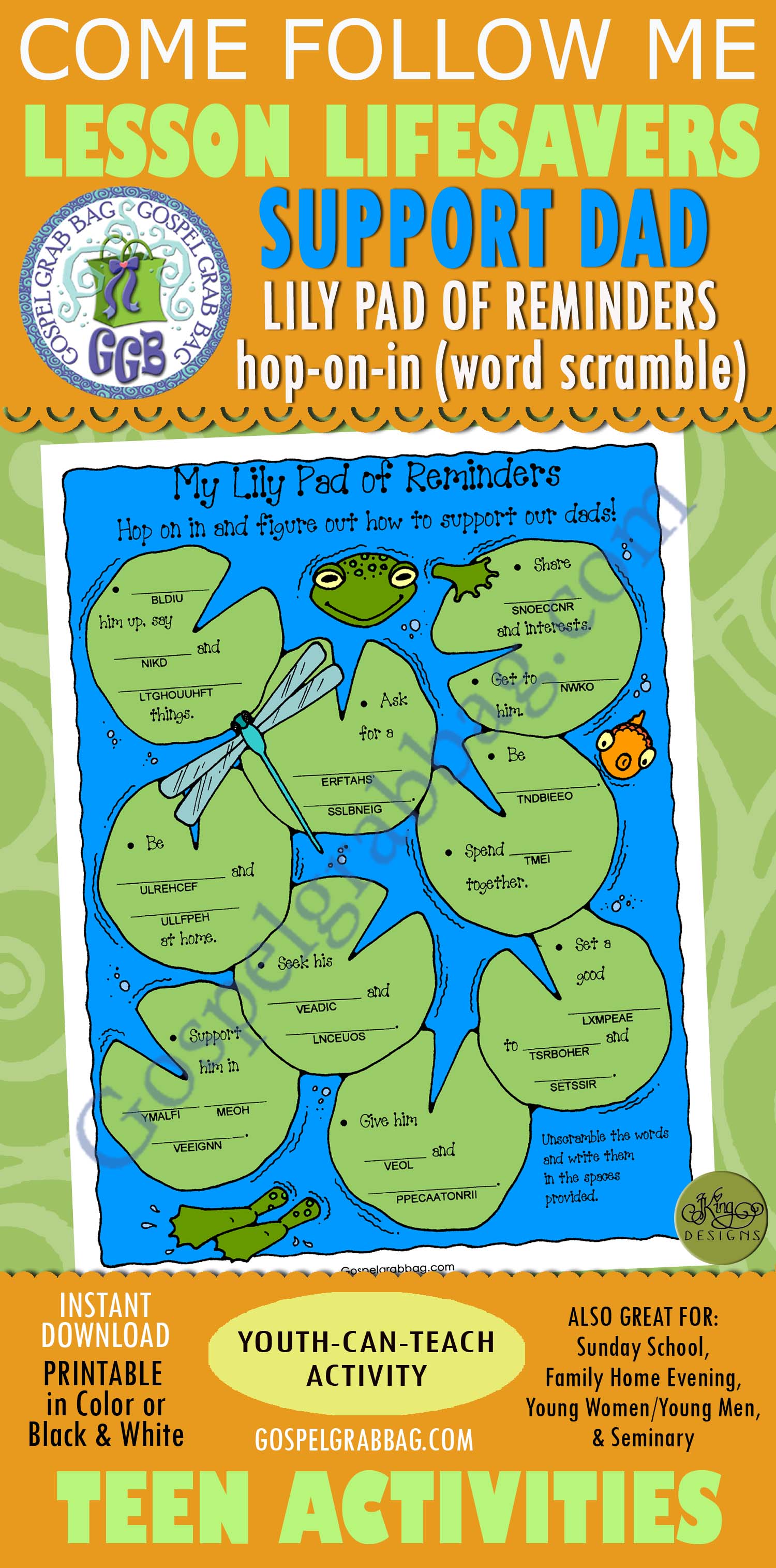 FAMILY LOVE: Lily Pad Support Dad word search Lily Pad of Reminders to Ways to Support Dad