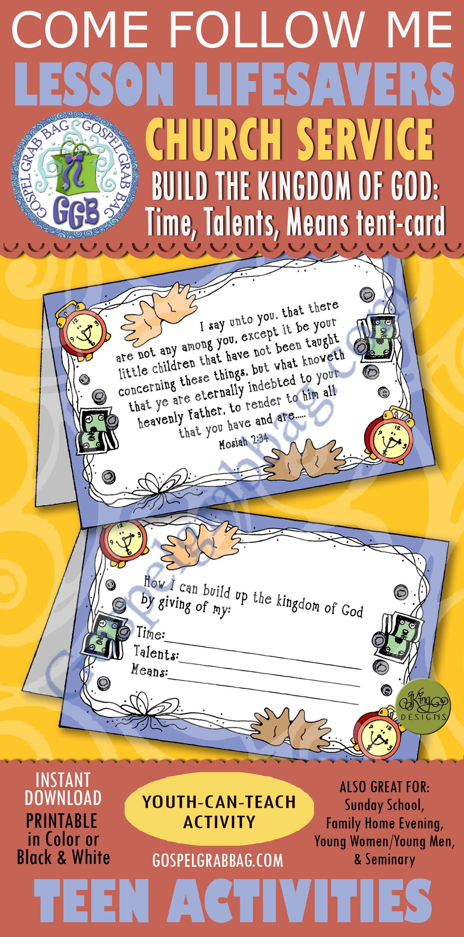 Build up the Kingdom: Time, Talents, Means tent card