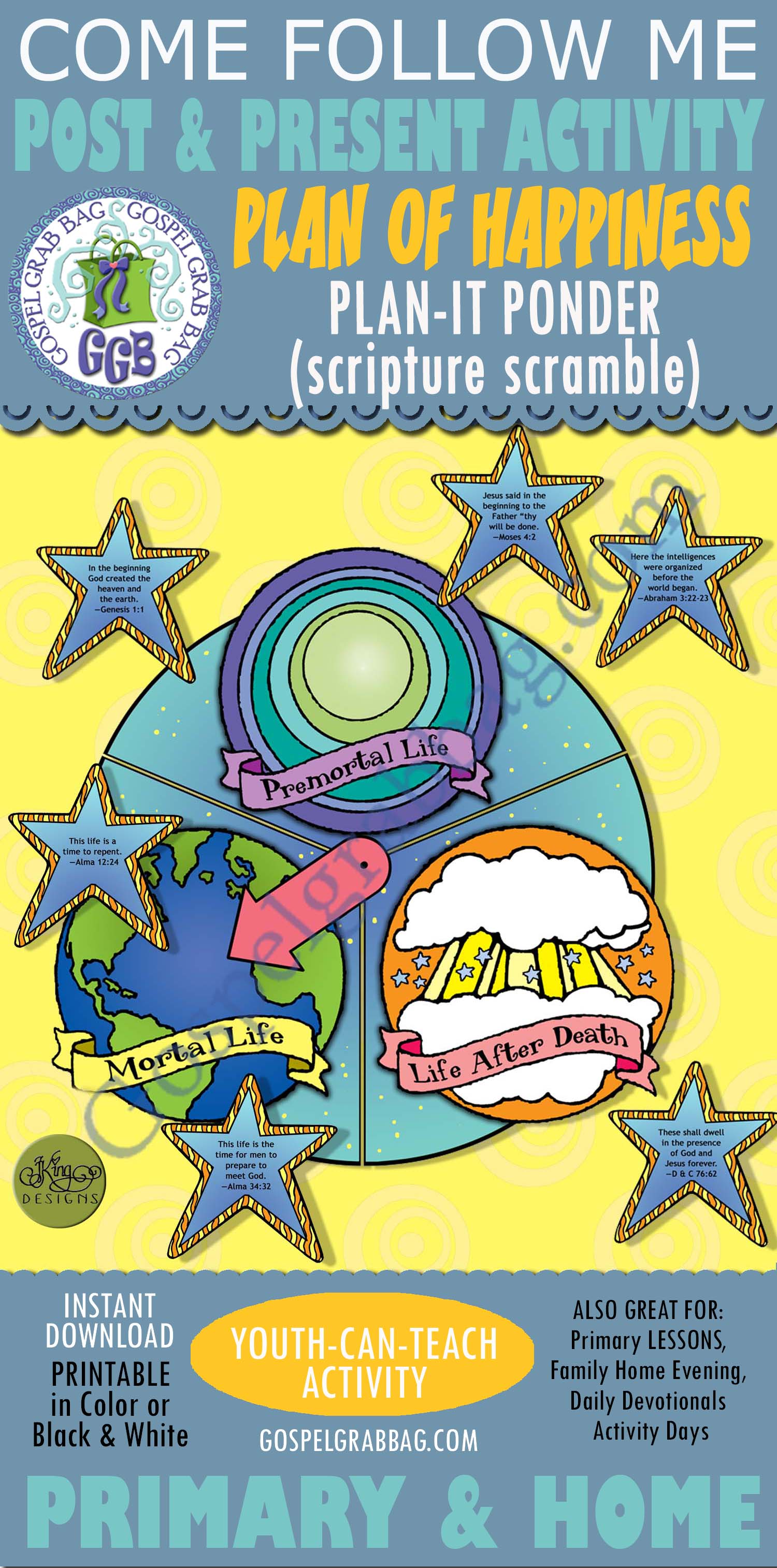 PLAN OF SALVATION Activity: Plan-it-Scripture Stories (Premortal Life, Mortal Life, Life After Death) $3.50 COME FOLLOW ME Activity for Primary and Home (family home evening)