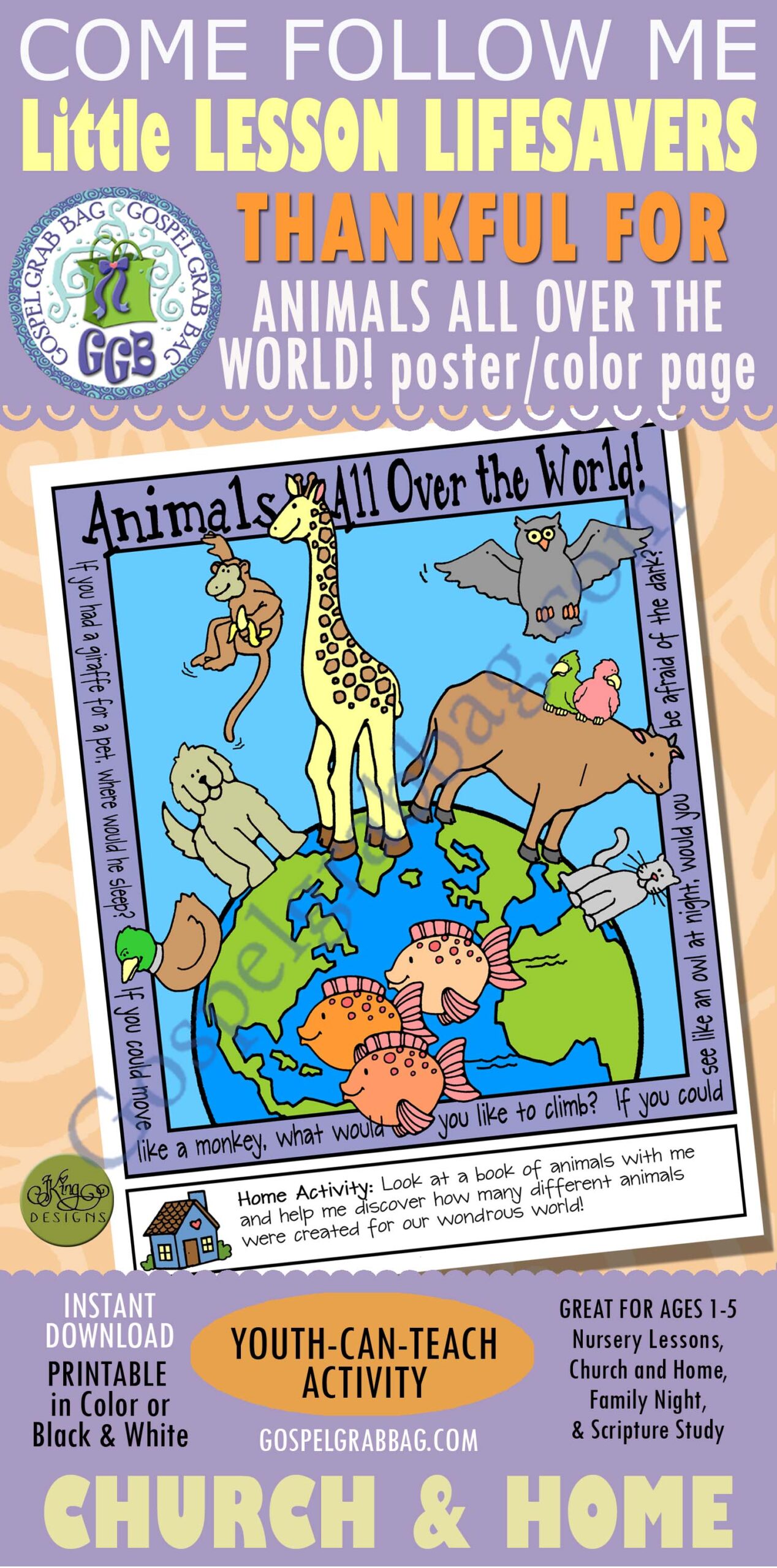 "I Am Thankful for Animals" poster and coloring page