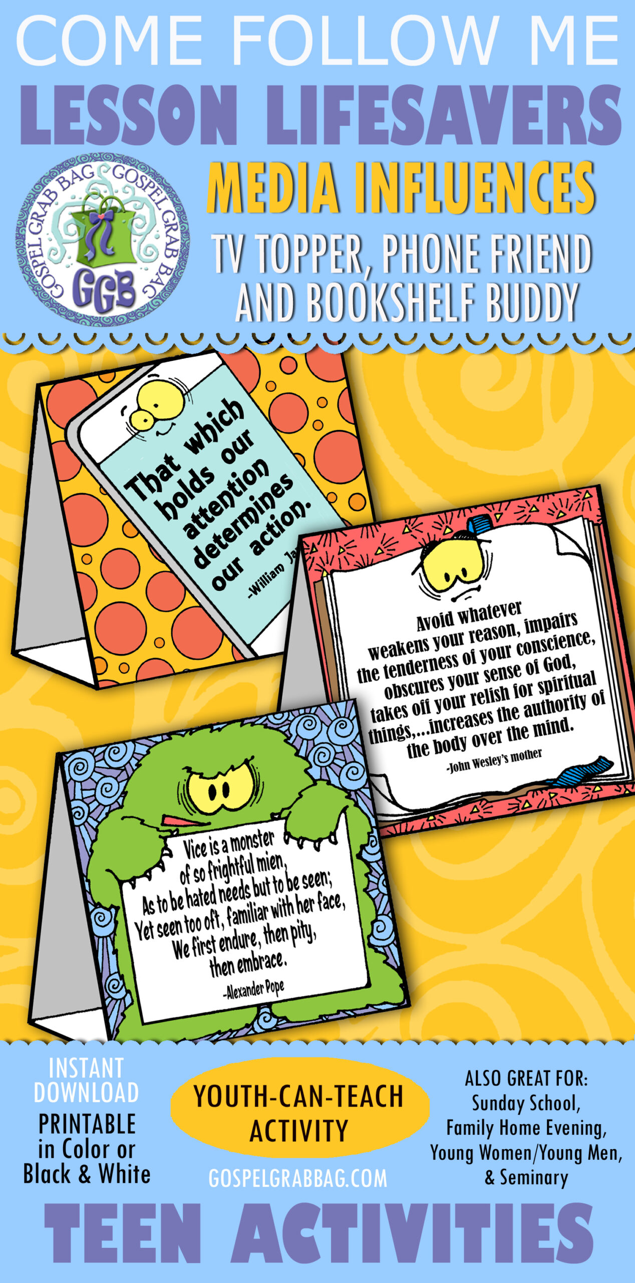 MEDIA INFLUENCES: TV Topper, Phone Friend, and Bookshelf Buddy tent-cards