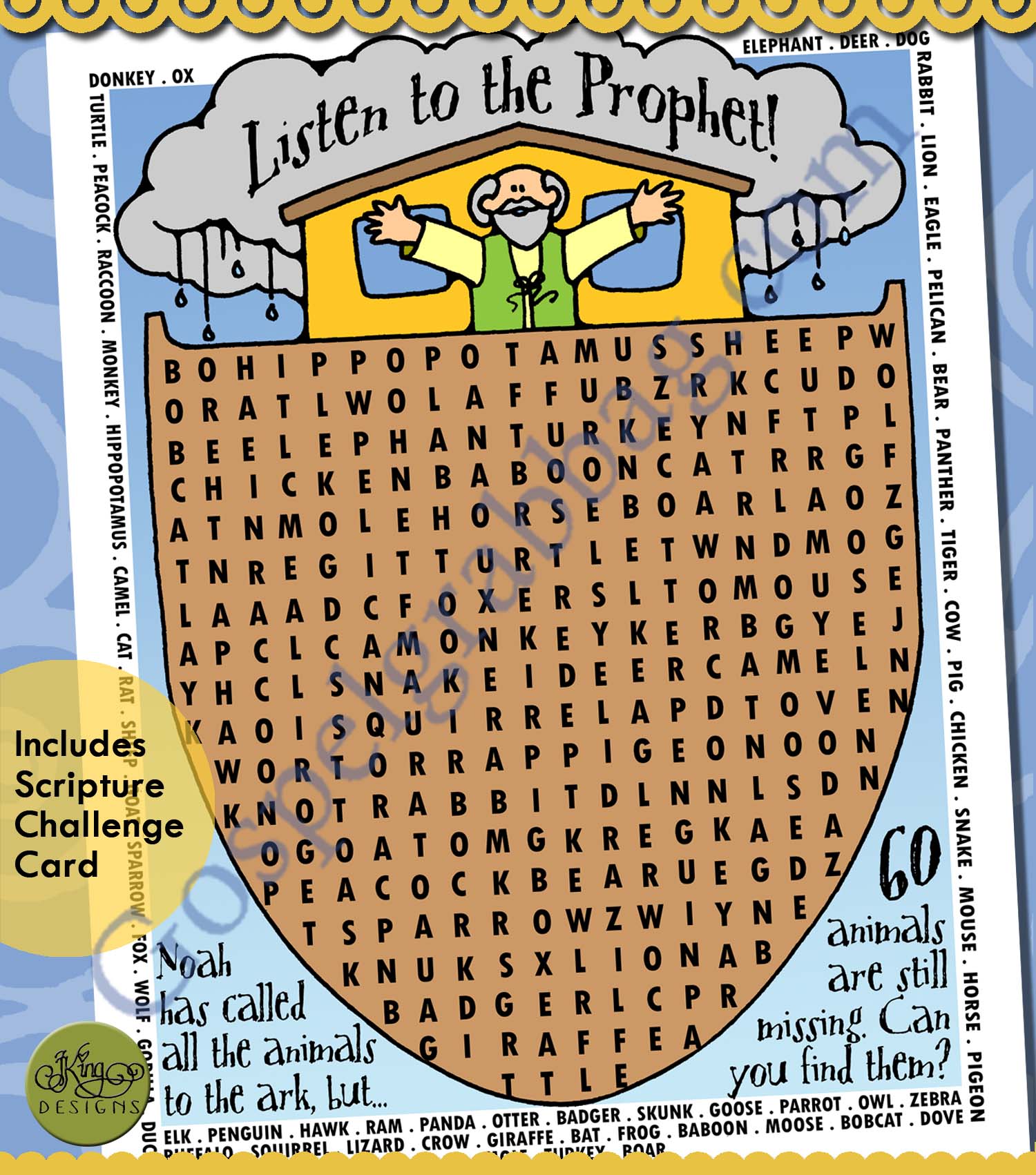 FOLLOW THE PROPHET Listen to the Prophet wordsearch Noah & the Animals Ark