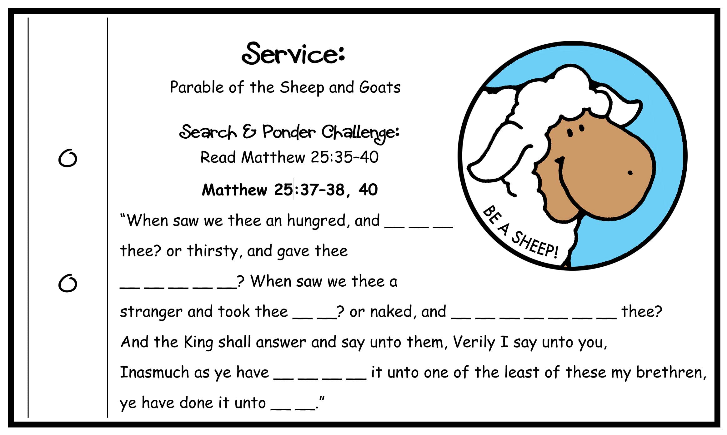Matthew 25:37-38 Scripture Challenge Card on SERVICE