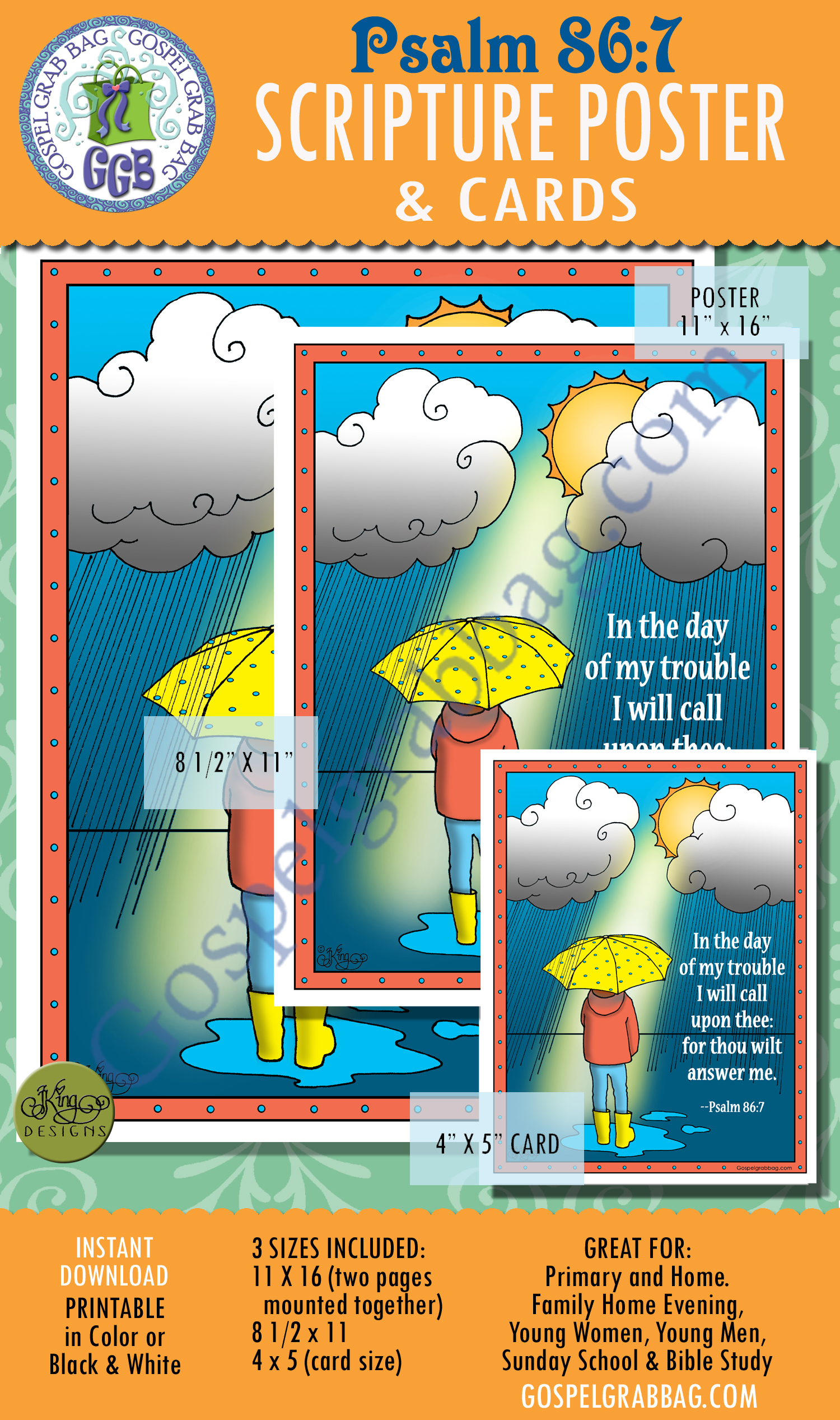 PSALM 86:7 scripture poster/card set “In the day of my trouble I will call upon thee ….”