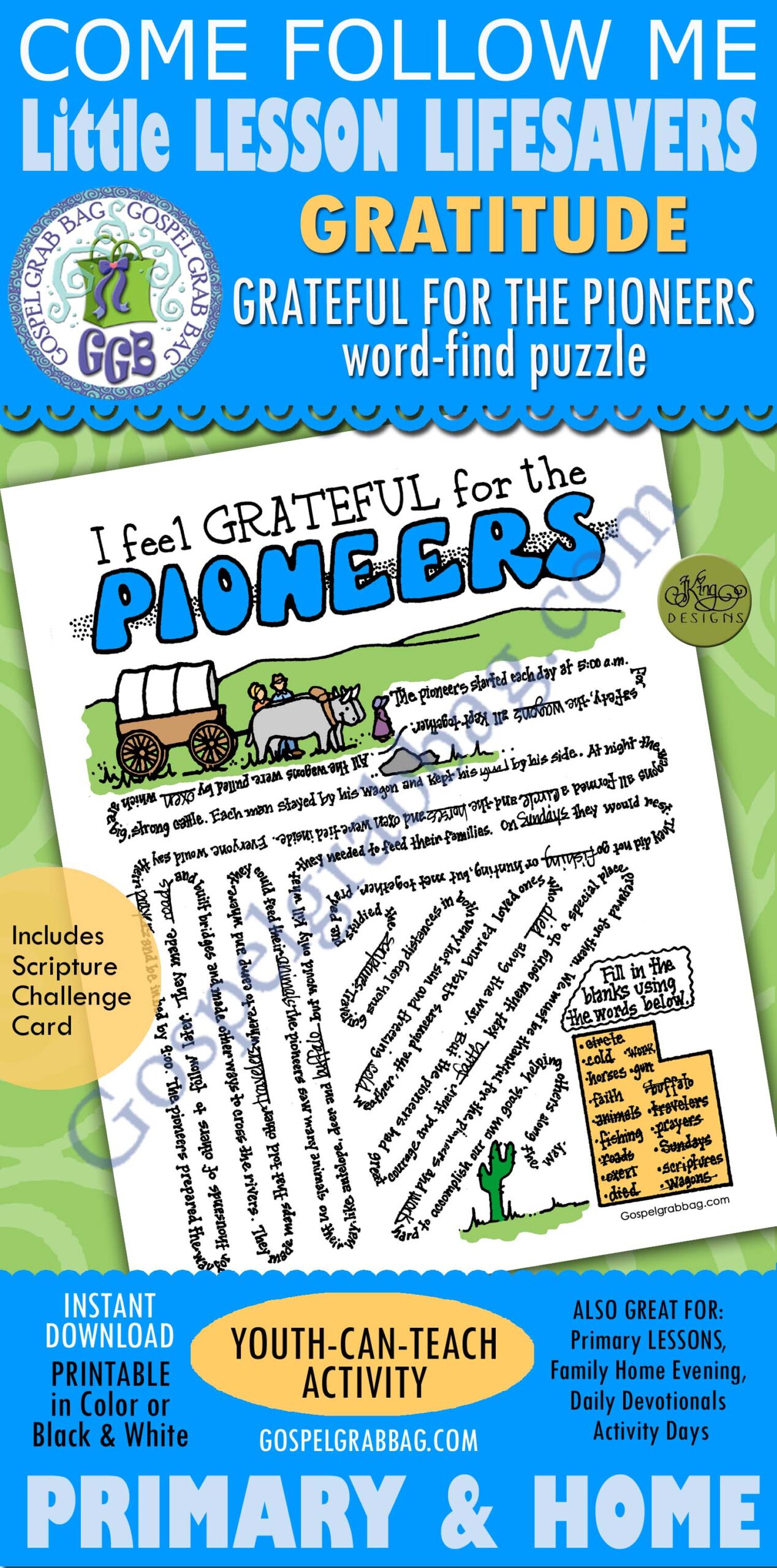 LESSON LIFESAVER Activity GRATITUDE: I Feel Grateful For Pioneers word-find puzzle