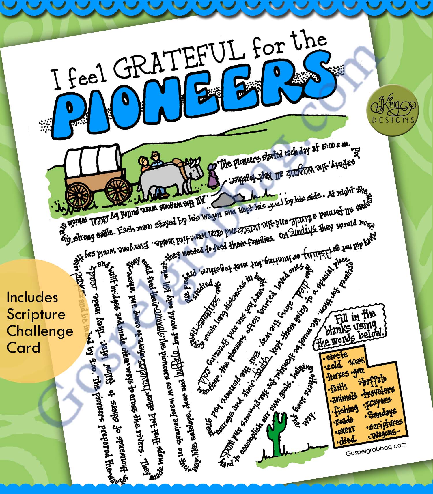 LESSON LIFESAVER Activity GRATITUDE: I Feel Grateful For Pioneers word-find puzzle