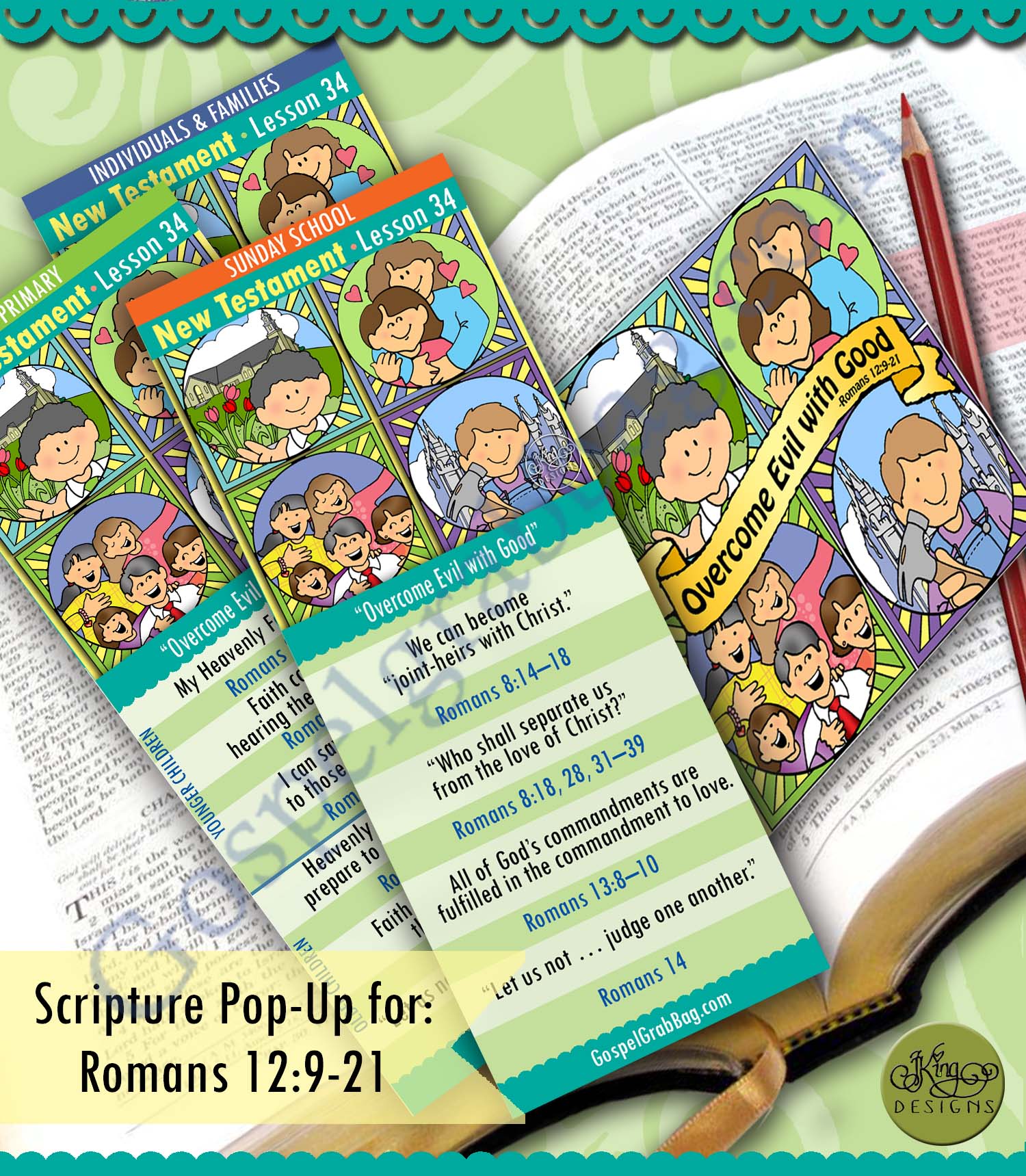 COME FOLLOW ME "Overcome Evil with Good" Scripture Scholars scriptures to read bookmark and Romans 12:9-21 bookmark