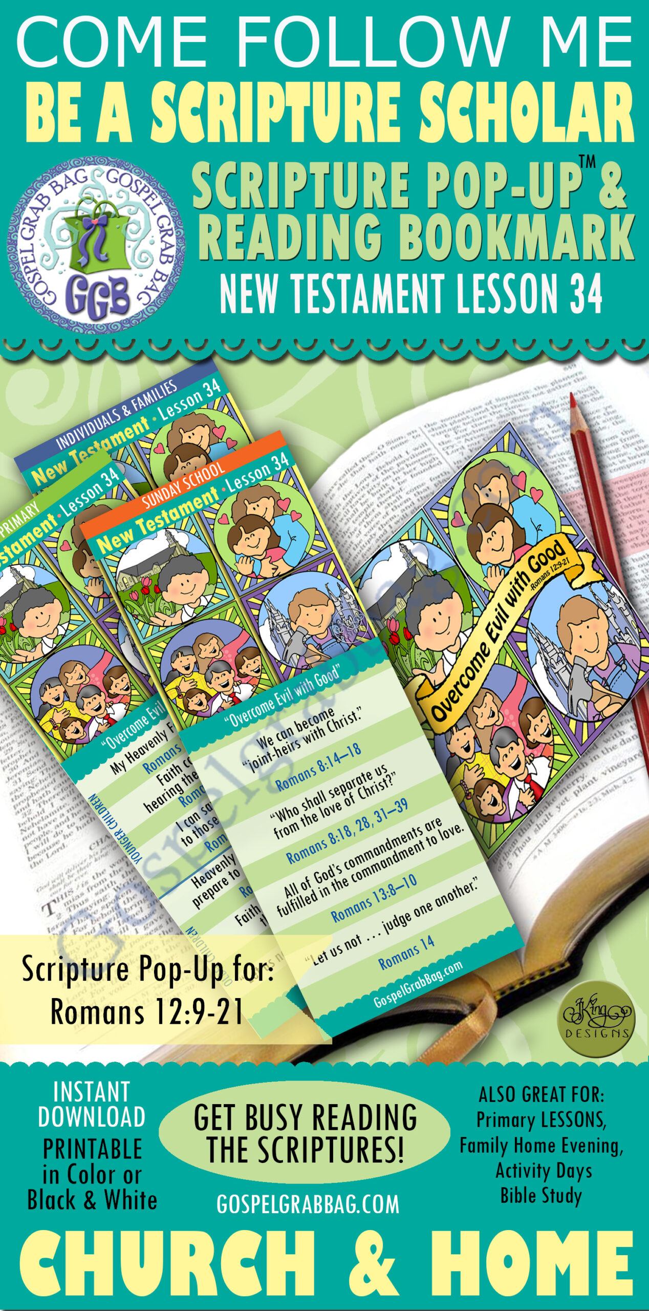 COME FOLLOW ME "Overcome Evil with Good" Scripture Scholars scriptures to read bookmark and Romans 12:9-21 bookmark