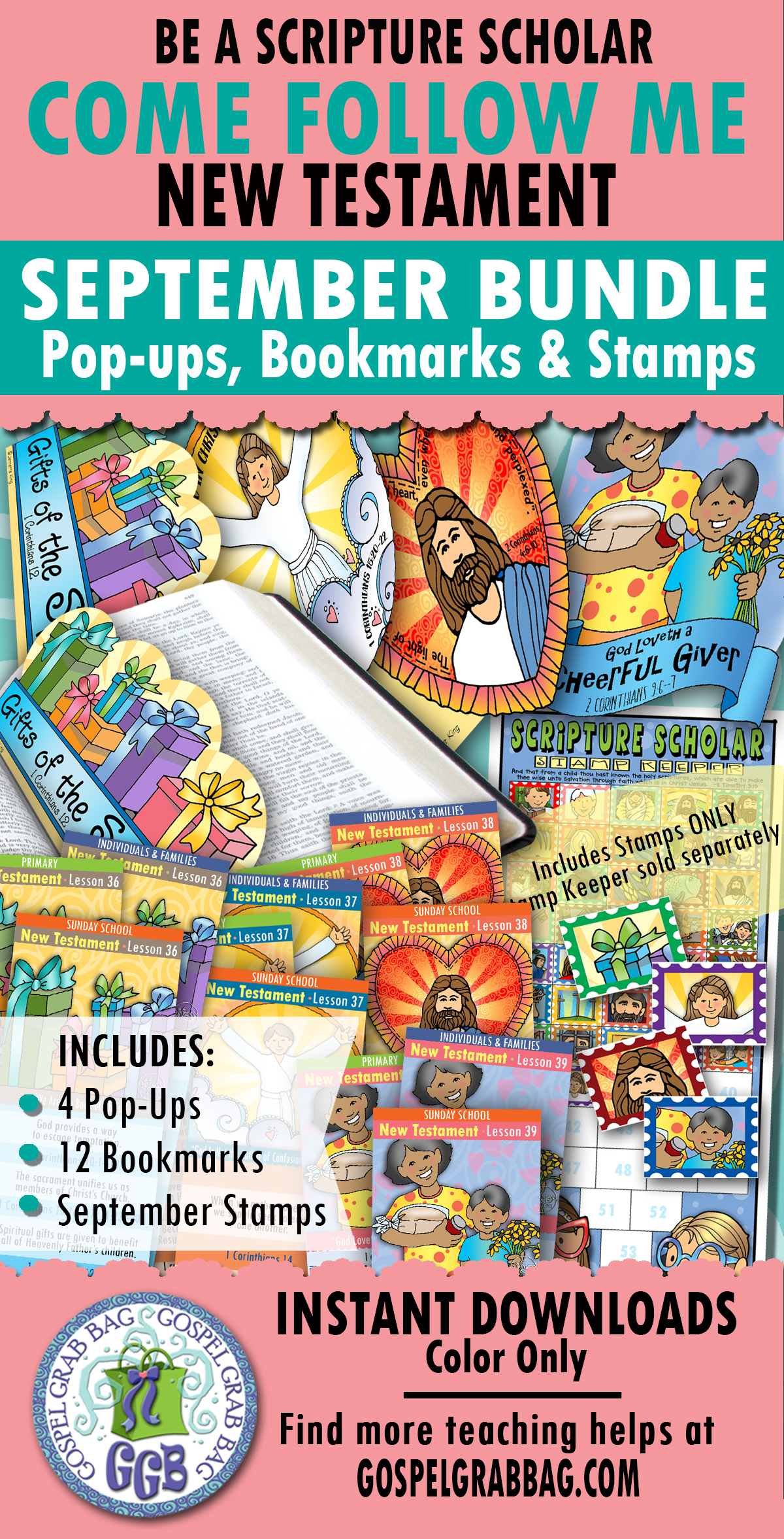 SCRIPTURE SCHOLARS bookmarks and pop-ups and stamps BUNDLE for September New Testament