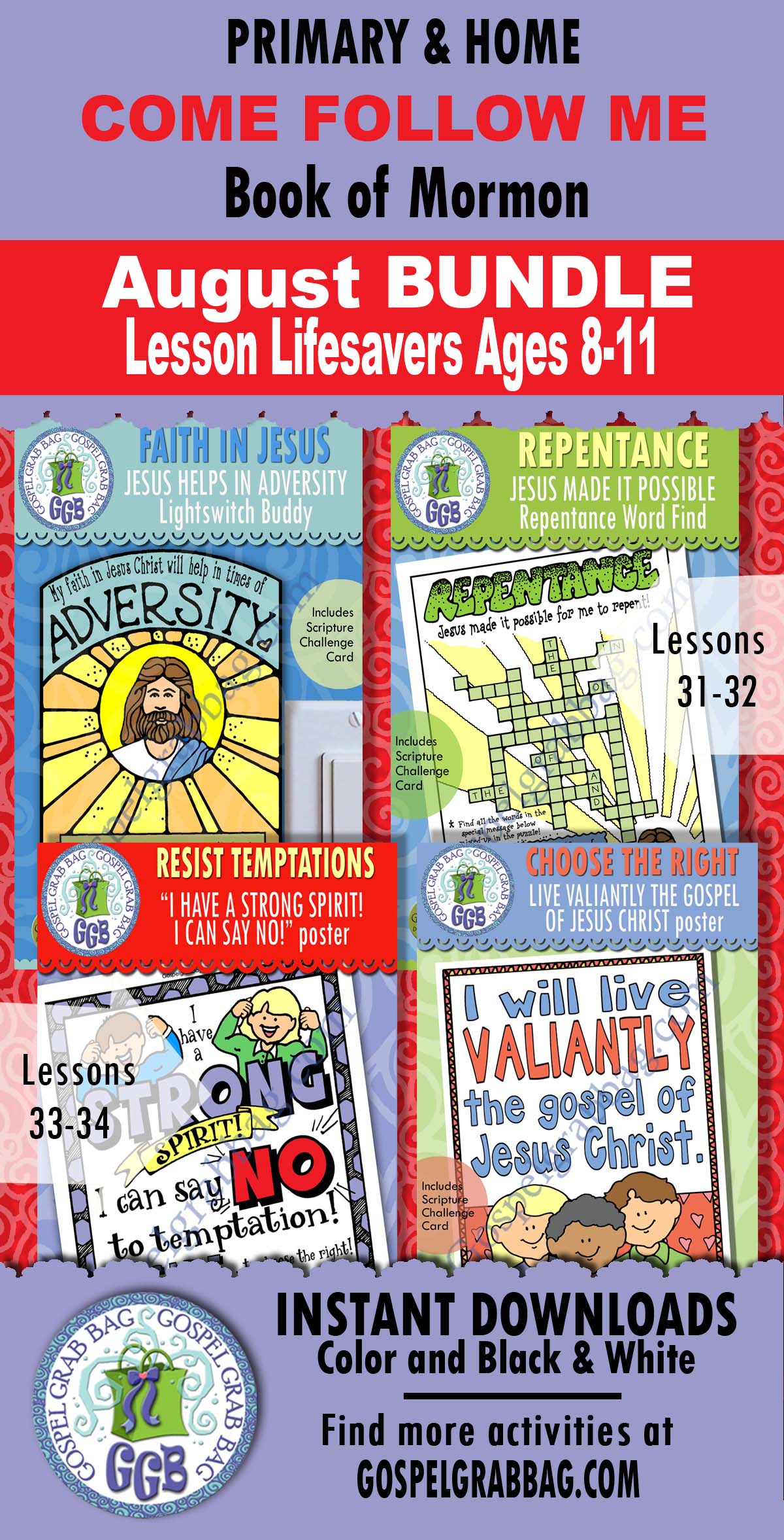 Ages 8-11 activities for COME FOLLOW ME Book of Mormon August weeks 1-4 Lessons 31-34