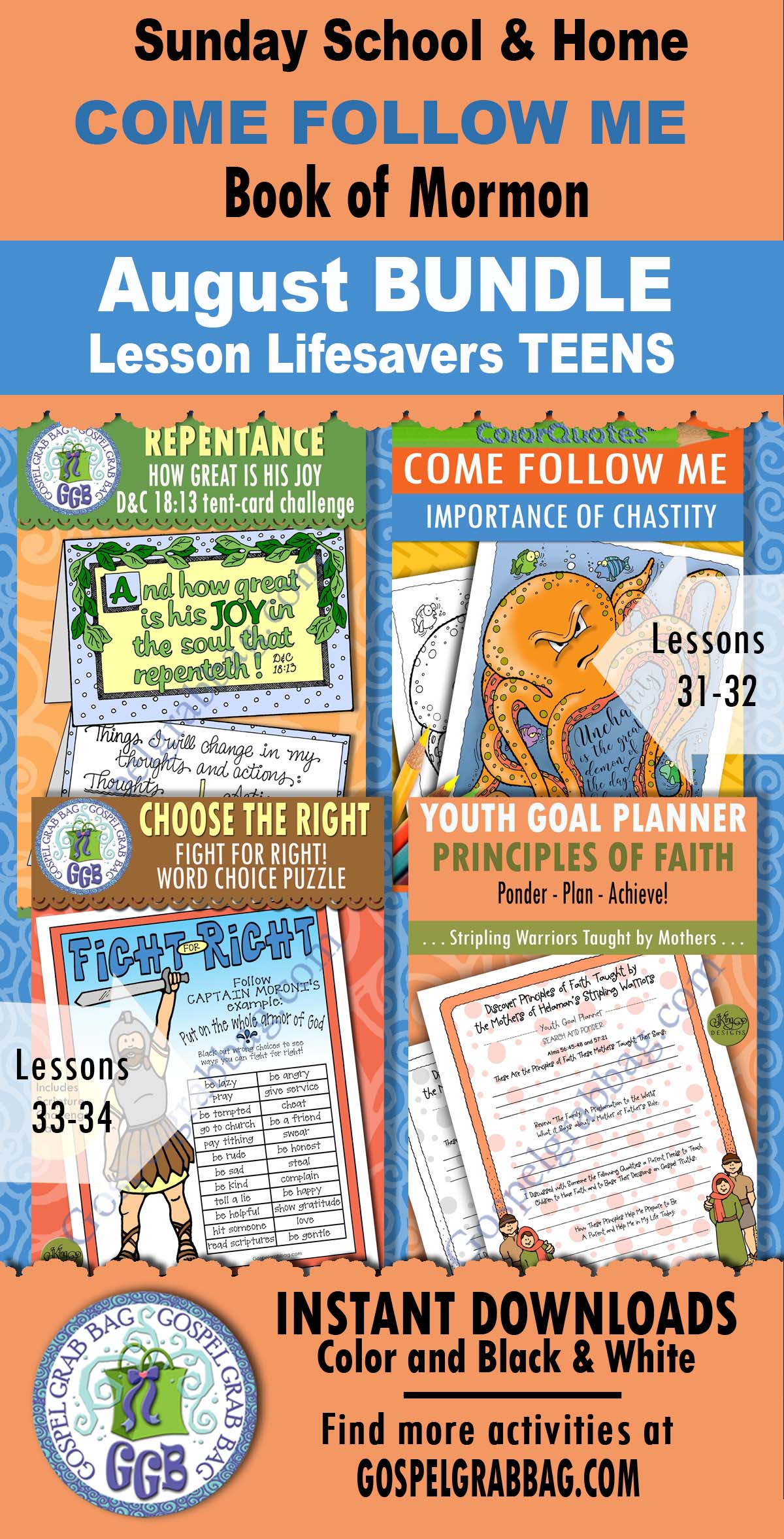 TEEN Sunday School activities for COME FOLLOW ME Book of Mormon August weeks 1-4 Lessons 31-34