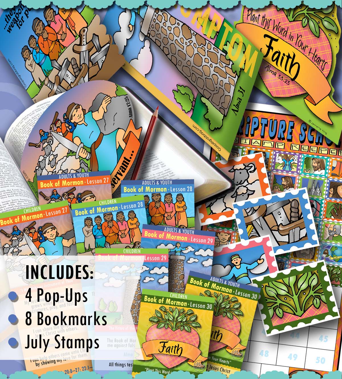 SCRIPTURE SCHOLARS bundle for July (weeks 1-4) - Book of Mormon - Come Follow Me (scripture reading bookmarks, pop-ups, and stamps)