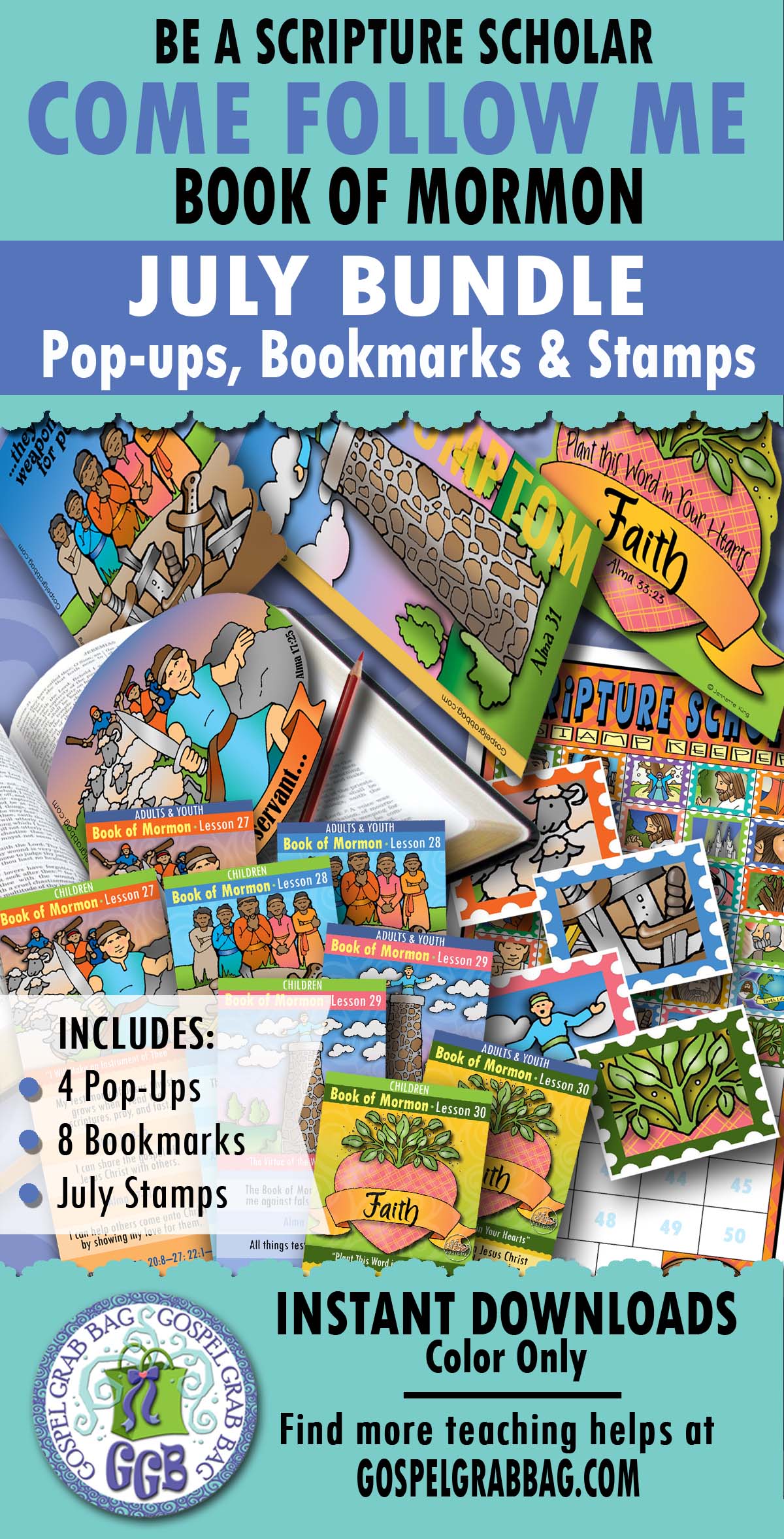 SCRIPTURE SCHOLARS bundle for July (weeks 1-4) - Book of Mormon - Come Follow Me (scripture reading bookmarks, pop-ups, and stamps)