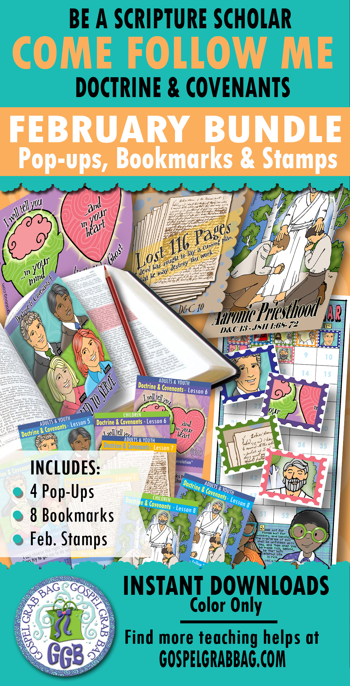 Scripture Scholars FEBRUARY bundle for Come Follow Me D&C 3-17; Joseph Smith--History 1:66-75 bookmarks, pop-ups, and stamps