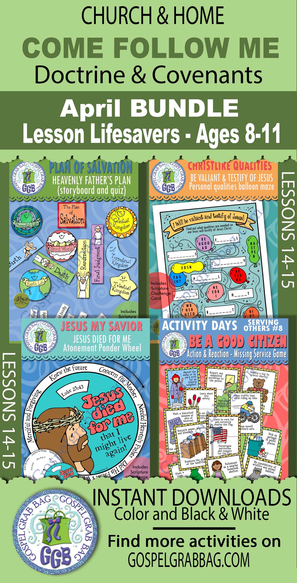 Ages 8-11 April BUNDLE For COME FOLLOW ME Handout Activities for Doctrine & Covenants 29-40