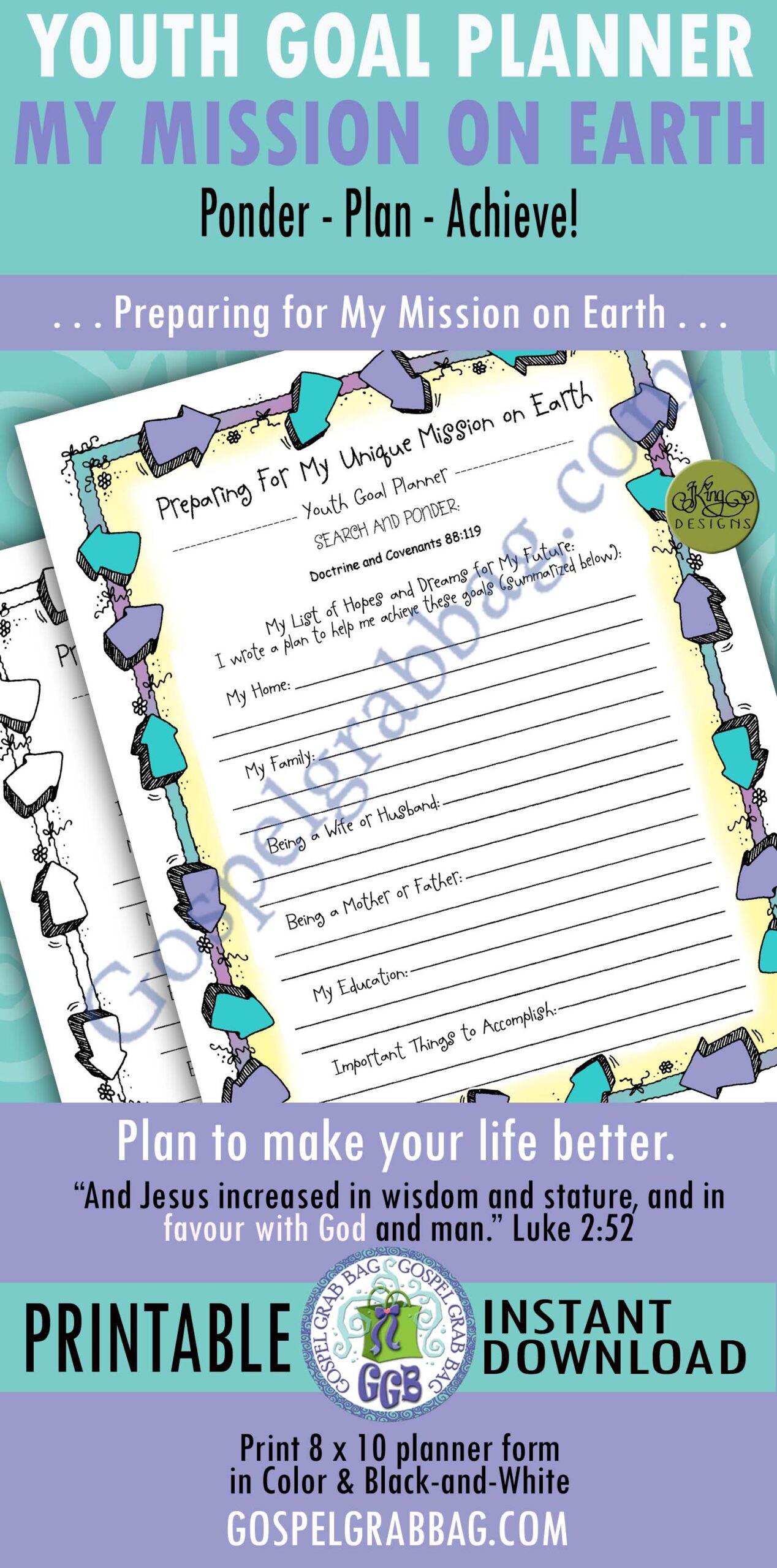 YOUTH GOAL PLANNER - Individual Worth #4 "Preparing For My Unique Mission on Earth"