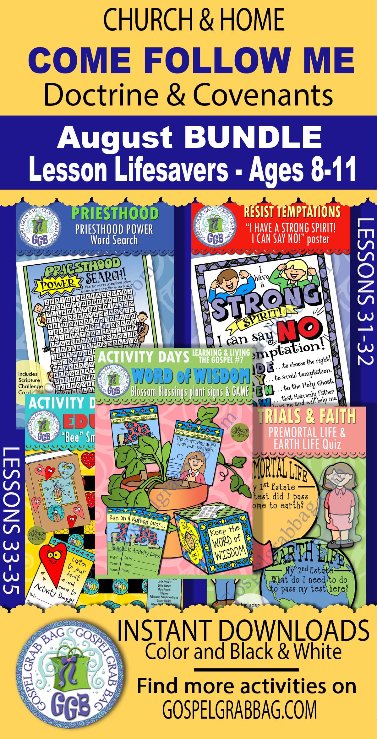 Ages 8-11 LESSON ACTIVITIES BUNDLE for August COME FOLLOW ME