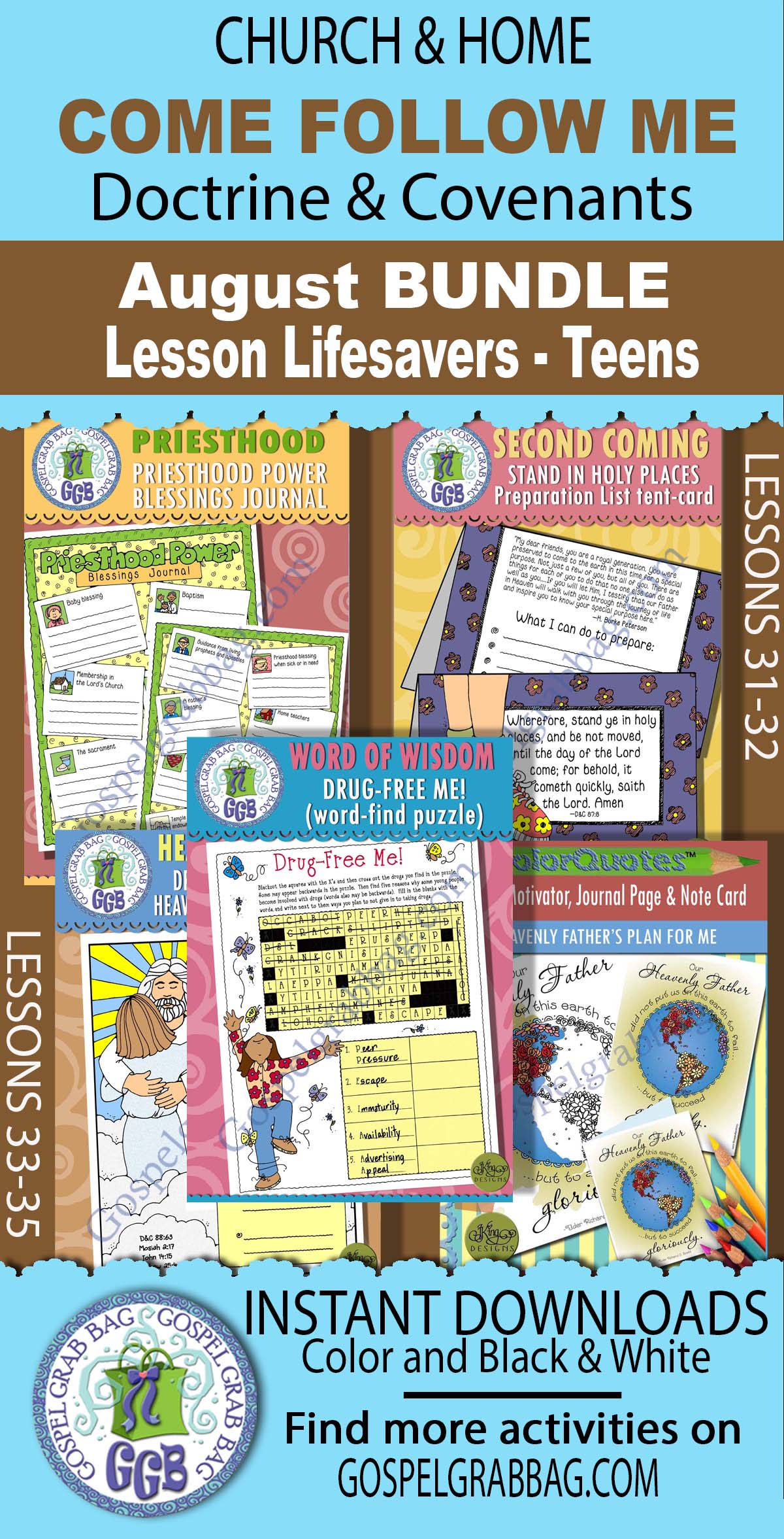 TEEN LESSON ACTIVITIES BUNDLE for August COME FOLLOW ME