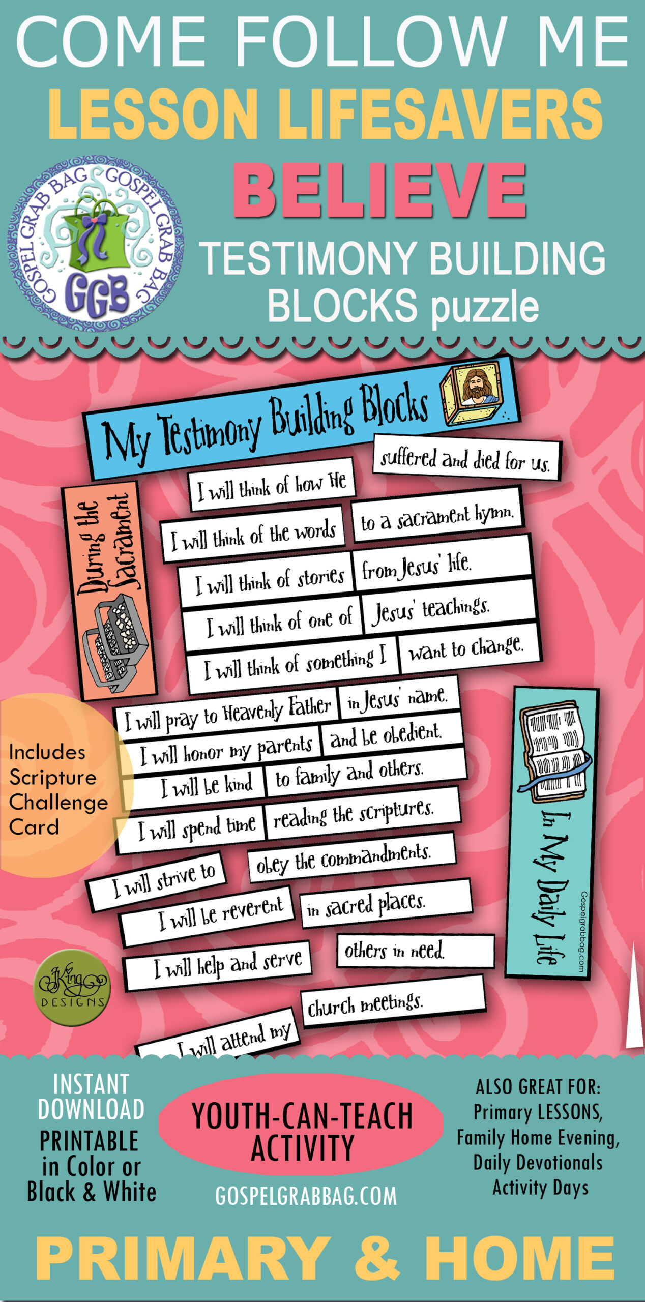 BELIEVE: I Will Think of Jesus testimony building blocks puzzle BIBLE ACTIVITY