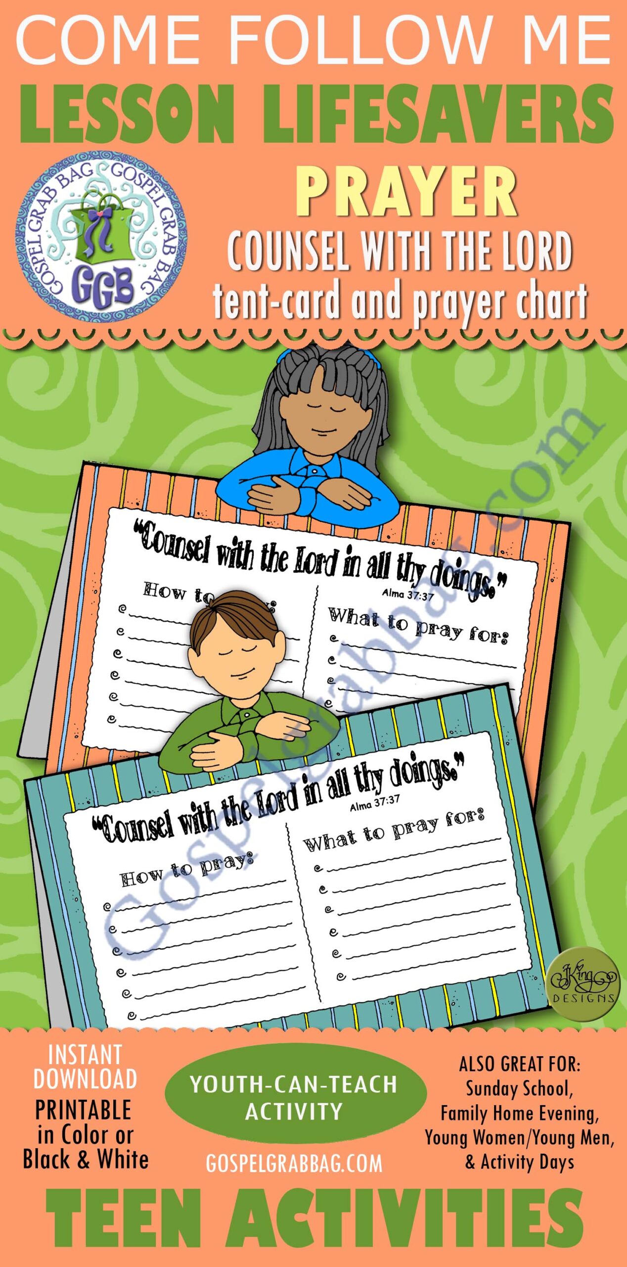 PRAYER activity for youth/teens "Counsel with the Lord ..." tent-card and prayer chart
